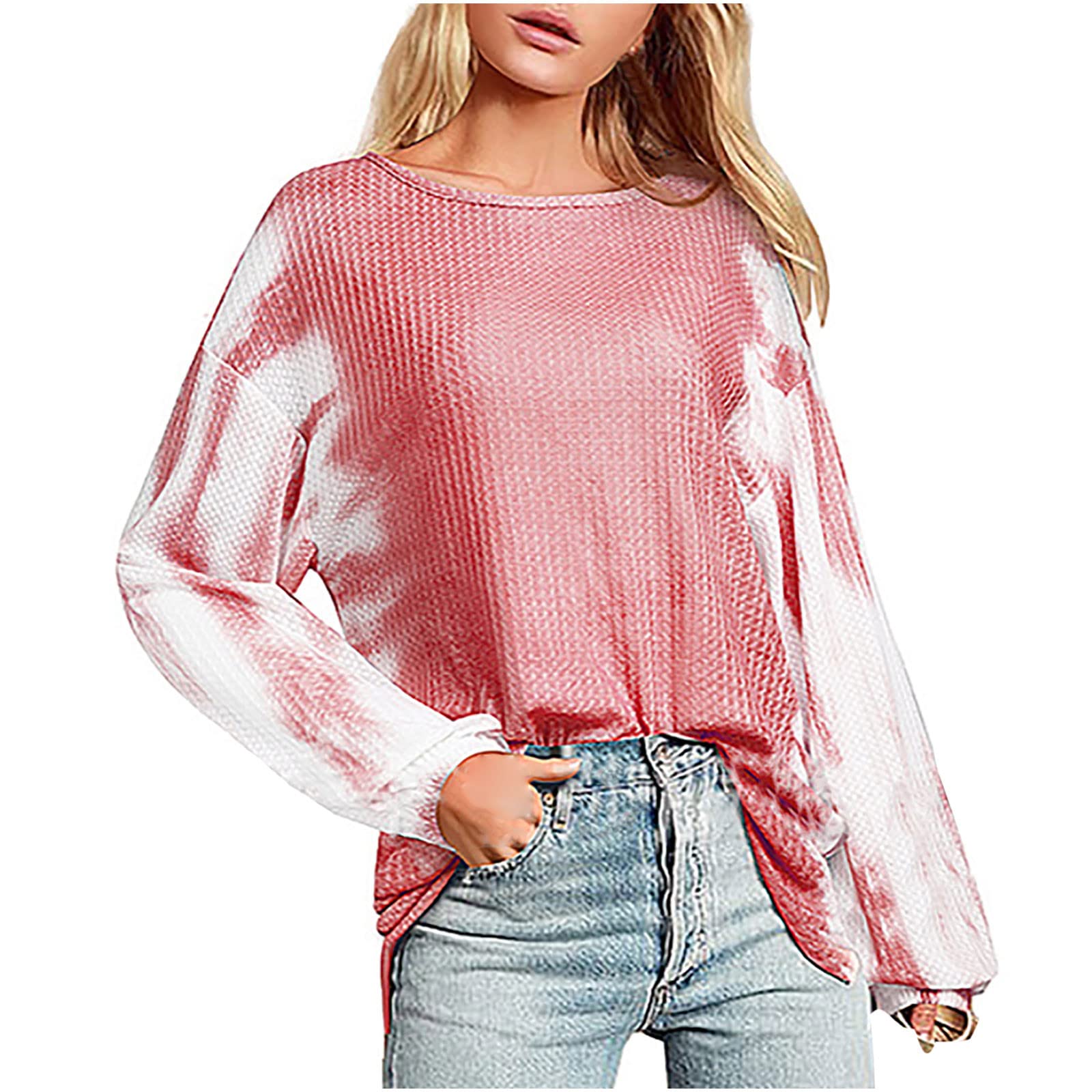 FAVIPT Women's Casual Long Balloon Sleeve Waffle Knit Sweater - Rainbow Tie Dye Crewneck Shirt for Fall | Cozy Loungewear, Office Outfits & Autumn Fashion