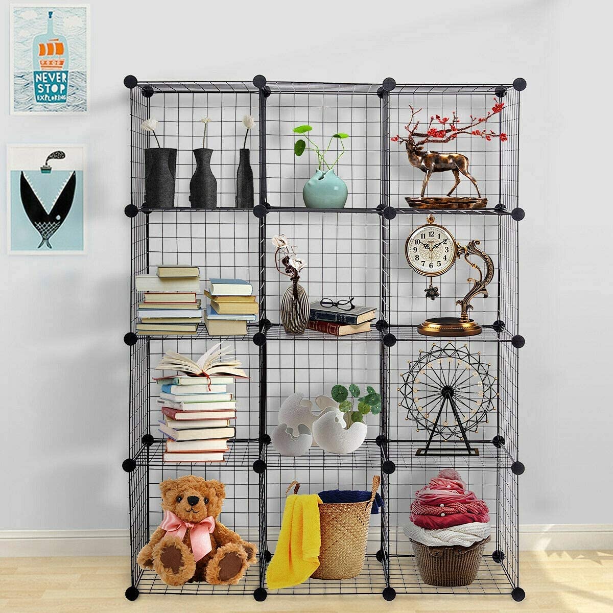 Safeplus DIY Wire Cube Storage - 12 Cube Stackable Grid Organizer for Bookshelf, Bookcase & Closet | Black Metal Shelving Unit for Home Office, Dorm Room & Garage Organization