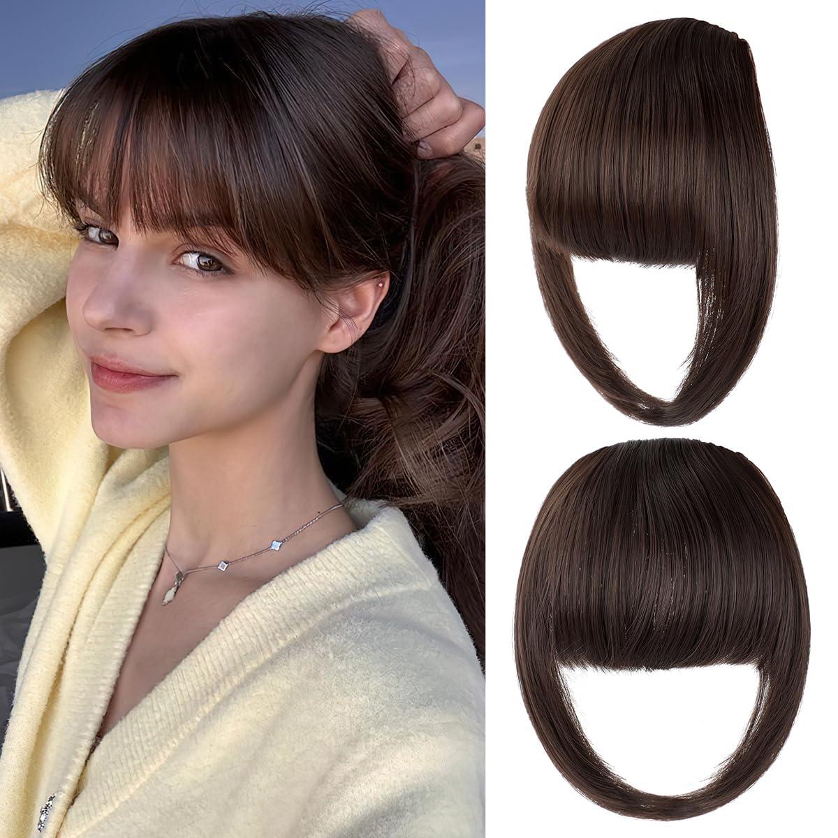 Clip-In Bangs Hair Extensions for Women - Thick French Wispy Fake Fringe with Temples, Medium Brown | Perfect for Daily Wear, Styling & Volume Boost