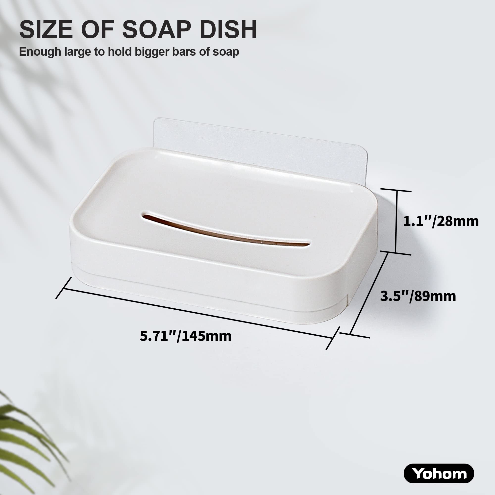 YOHOM 2-Pack White Wall Mounted Adhesive Soap Dish with Drain Tray - Plastic Shower Bar Soap Holder for Bathroom, Tub & Kitchen - Perfect for Showers, Sinks and Countertop Organization
