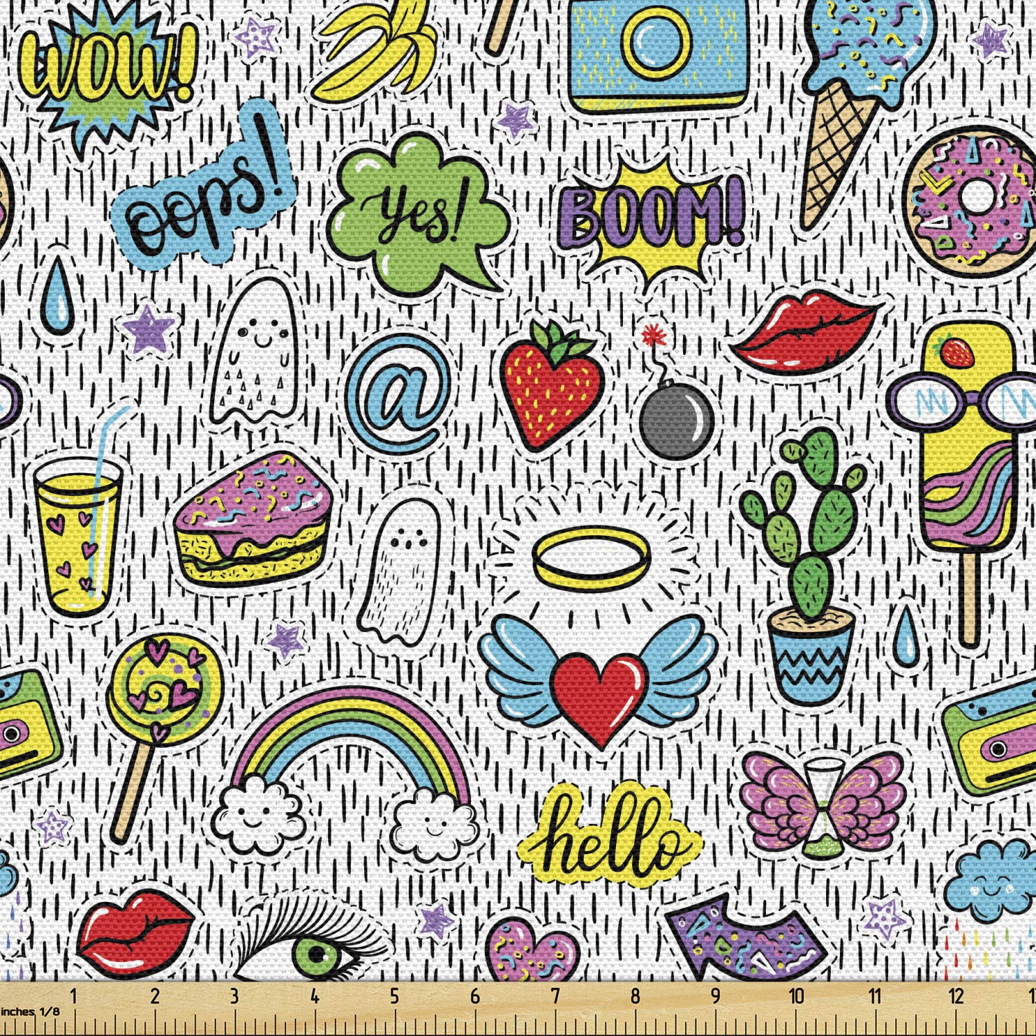 Ambesonne Emoticon Fabric by The Yard - Pop Art Cartoon Print Cotton Material for DIY Upholstery, Curtains & Home Decor | 10 Yards Multicolor Design with Ice Cream, Rainbow, Donut, Heart & Ghost Patterns | Perfect for Craft Projects, Pillow Covers & Wall Hangings