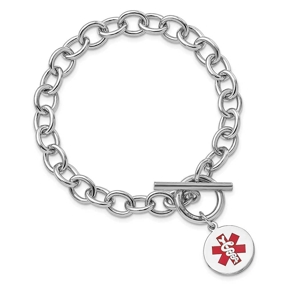 Sterling Silver Rhodium Plated Engraveable Enamel Disc Medical Alert Bracelet for Allergies & Emergency ID - Perfect for Daily Wear & Healthcare Safety