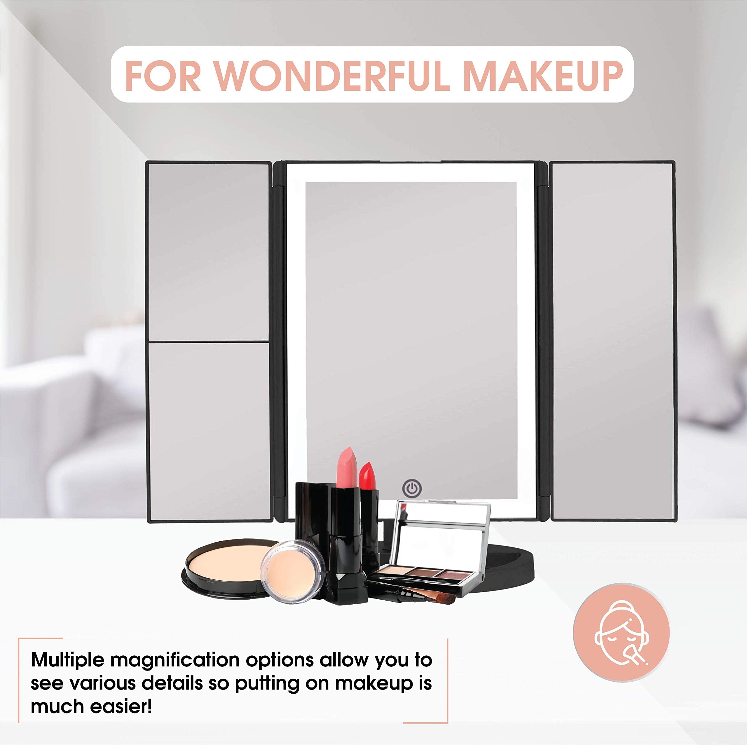 36 LED Backlit Makeup Mirror with Touch-Screen Light Control - Tri-Fold 1X/2X/3X Magnification, Portable HD Cosmetic Mirror for Professional & Home Use (Midnight Black) - Perfect for Vanity, Bathroom, Dressing Room & Travel