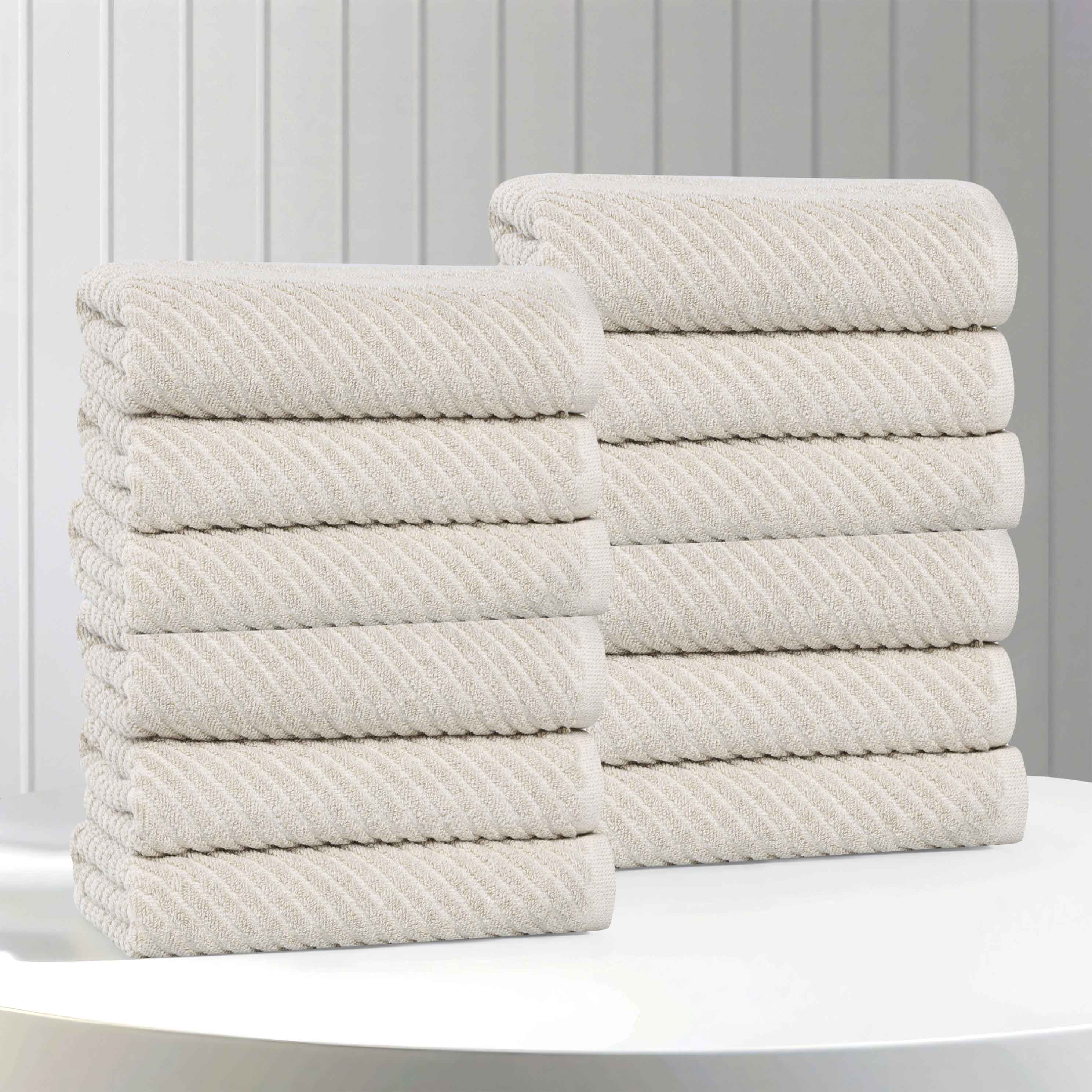 Amelia Soft Cotton Blend Diagonal Stripes Face Towels - Set of 12 for Bathroom, Gym & Travel | Absorbent & Quick-Drying Hand Towels