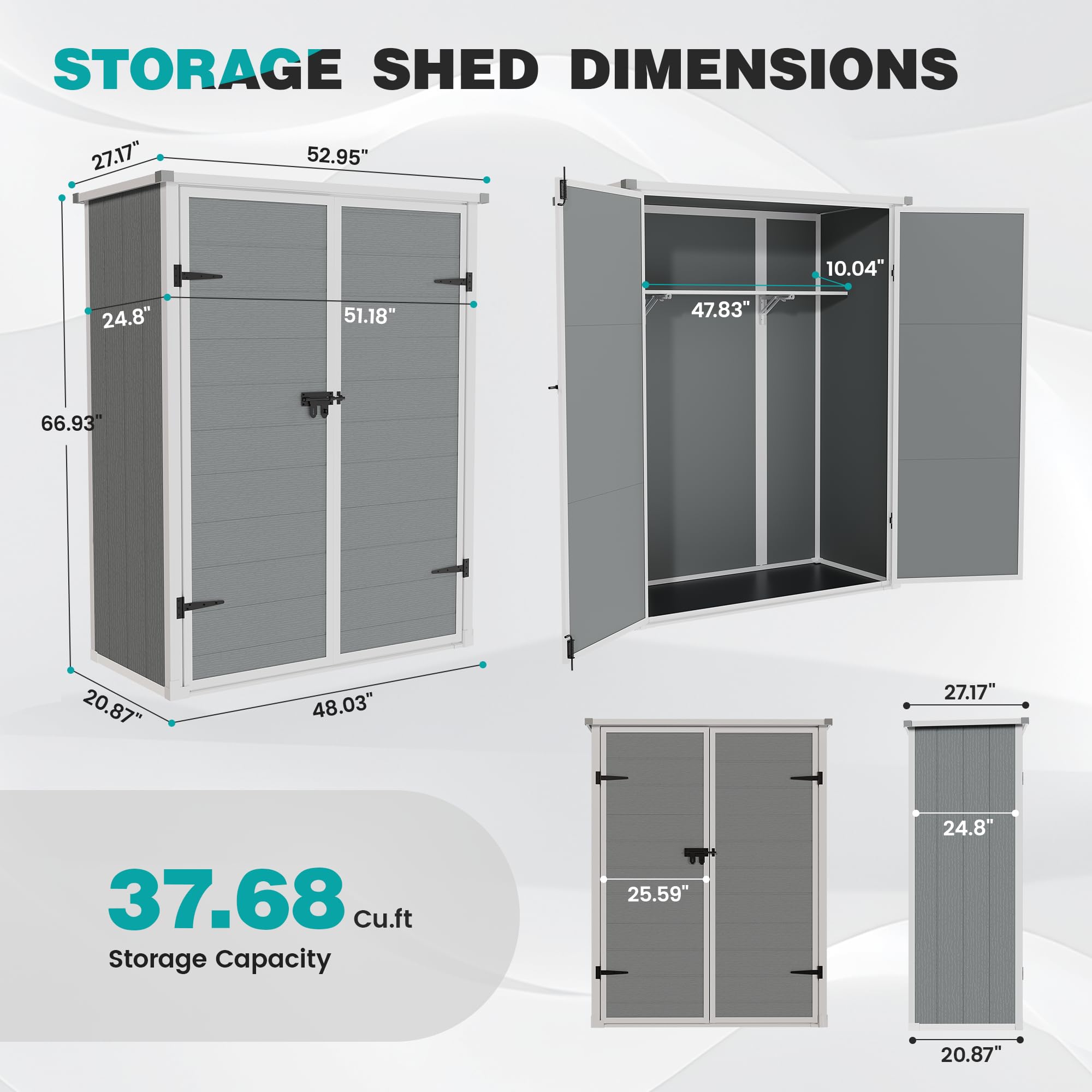 UDPATIO Premier Tall 4.3 x 5.6 ft Resin Outdoor Storage Shed with Shelving Brackets - Vertical Tool Organizer for Patio, Pool, Lawn & Garden - Grey & White - Perfect for Storing Gardening Tools, Pool Accessories & Outdoor Equipment