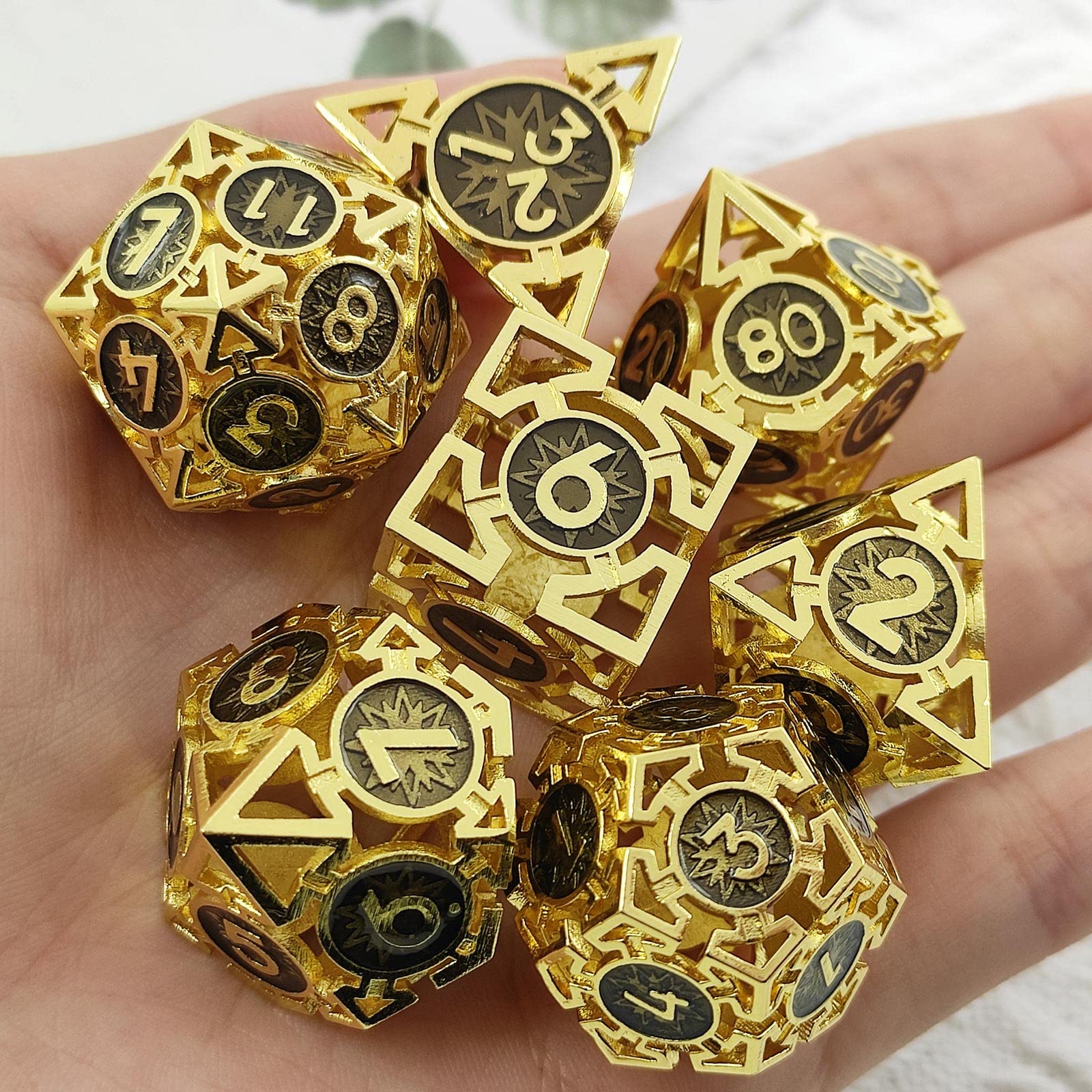 Premium Metal Hollow D&D Dice Set - Dungeons & Dragons RPG Polyhedral Dice (D20, D12, D10, D8, D6, D4) for Tabletop Games, MTG, Pathfinder - Gold & Black Finish with Storage Bag - Perfect for Gifts & Game Nights