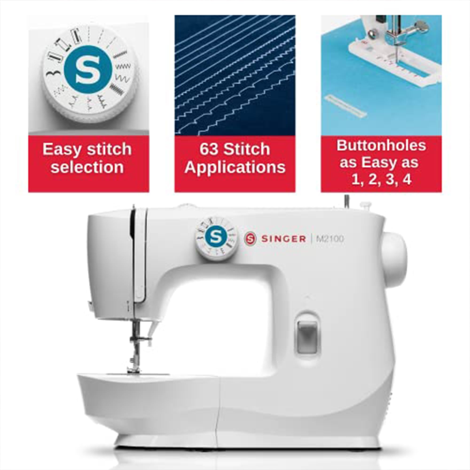 SINGER M2100 Lightweight & Compact Sewing Machine with 63 Built-in Stitches, LED Light & 4-Step Buttonhole - Perfect for Beginners, Quilting, Dressmaking & Home DIY Projects