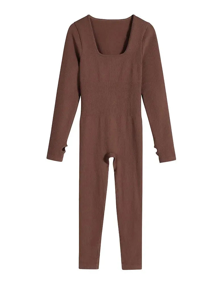 Women's Ribbed Long Sleeve Yoga Jumpsuit - Square Neck Workout Romper Bodysuit for Gym, Pilates & Home Exercise | Comfortable Sportswear for Women's Fitness & Active Lifestyle