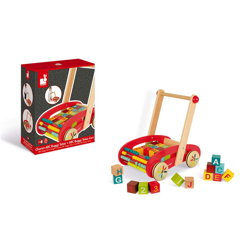 Janod Wooden ABC Buggy Cart with 30 Blocks - Educational Push Toy for Toddlers Ages 1-3 - Learning Alphabet & Motor Skills - Perfect for Indoor Play & Outdoor Walks - J05379