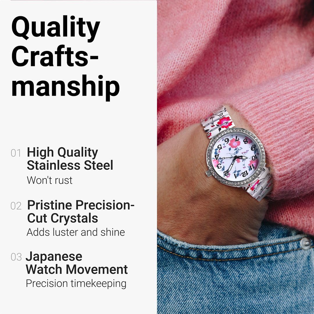 Floral Watch for Women - Stainless Steel Crystal Studded Stretch Band Flower Wristwatch - Elegant Ladies Bracelet Watch with Japanese Movement - Perfect Birthday Gift for Her, Mother's Day, Anniversary & Everyday Wear