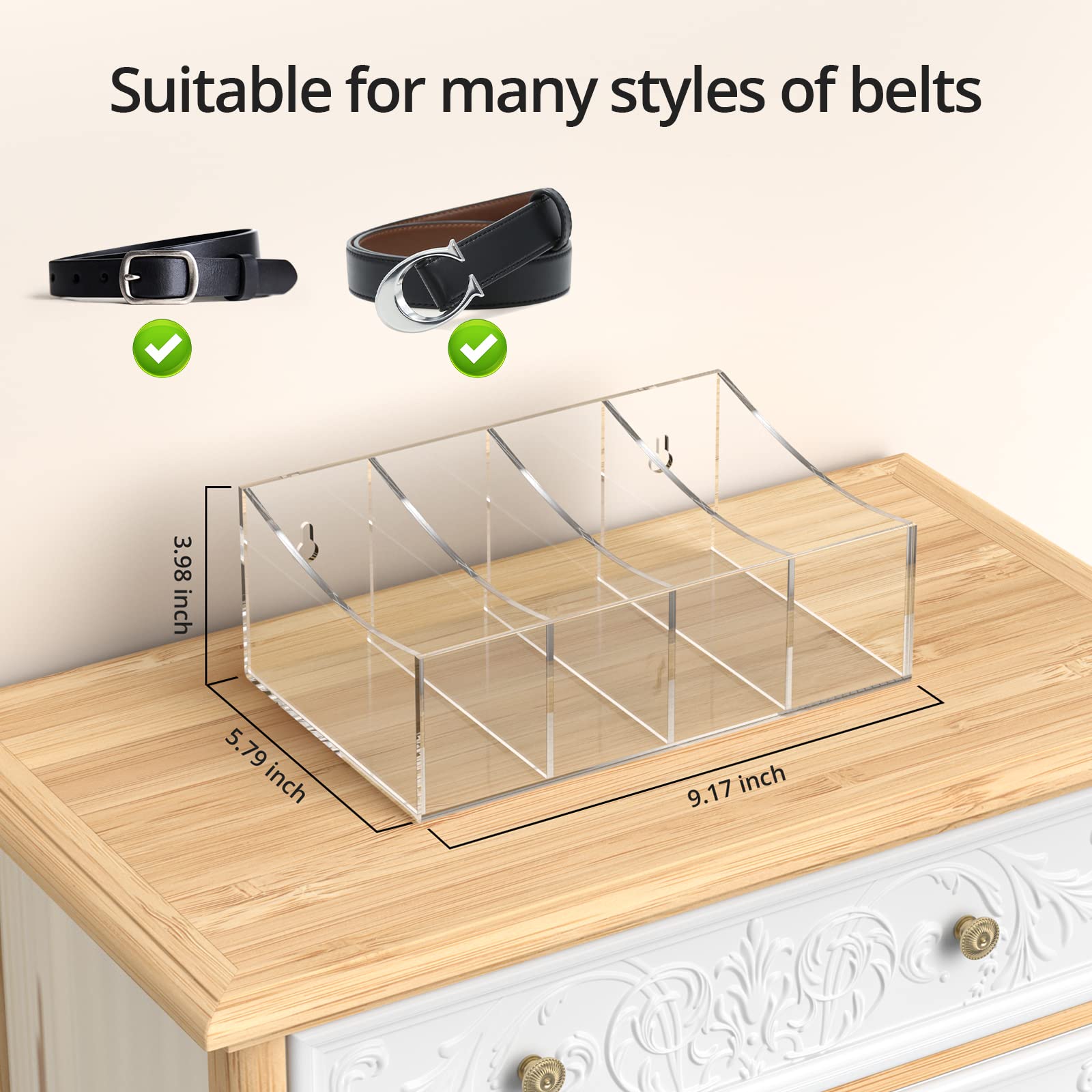 Acrylic Belt Organizer & Storage Holder - 4 Compartment Clear Display Case for Belts, Ties & Bow Ties | Perfect for Closet & Drawer Organization | Ideal for Home, Office & Travel Accessory Storage
