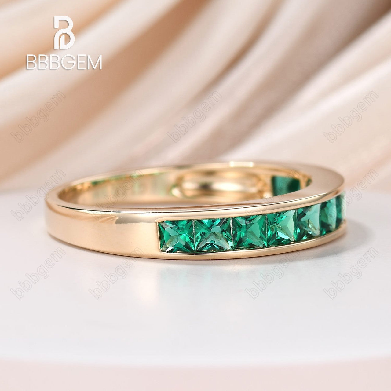 14K Yellow Gold Princess Cut Emerald Engagement Ring - Channel Set Wedding Band for Bridal & Anniversary Gifts