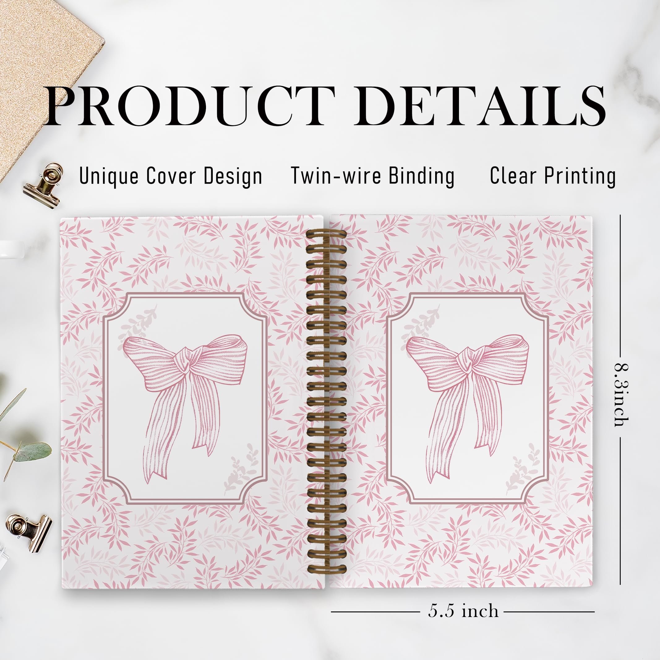 Pink Bow Spiral Notebook - 5.5 x 8.3 Inch Lined Journal, College Ruled Hardcover Notebook for Girls, Students & Teachers | Trendy Preppy School & Office Supplies | Perfect for Note Taking, Journaling & Gift Giving