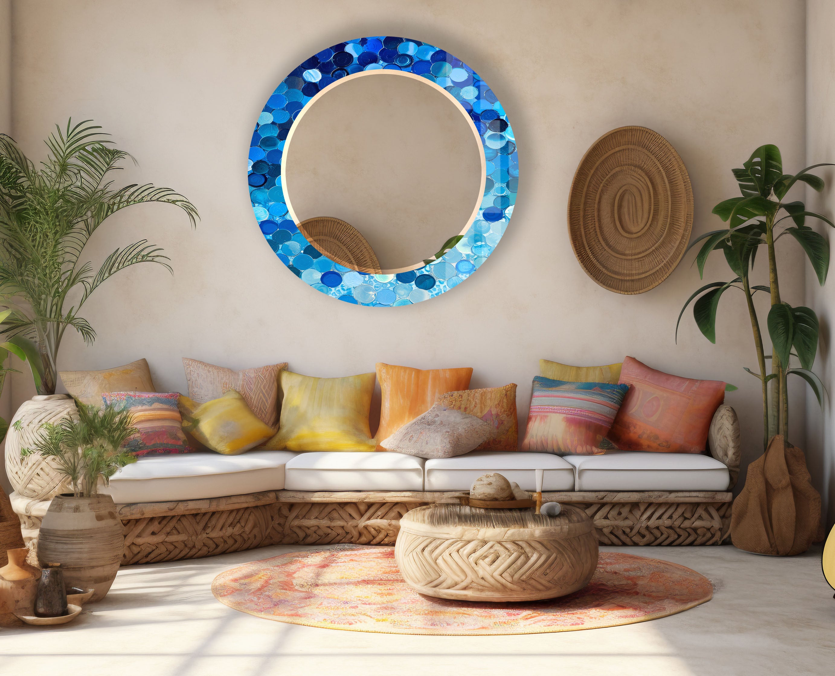Blue Bubble Mosaic Round Wall Mirror - Coastal Style Accent Mirror for Modern Home Decor, Perfect for Bathroom, Bedroom, Living Room, and Entryway