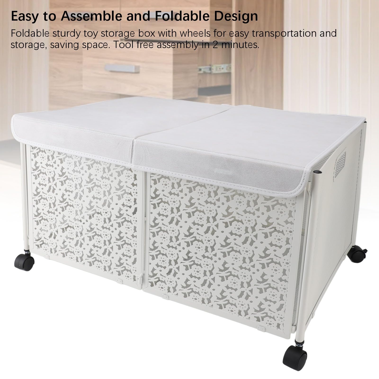 Foldable Toy Storage Box 70L Large Capacity - Dustproof Portable Metal Toy Organizer for Kids Playroom, Nursery, Living Room & Bedroom - Ideal for Organizing Toys, Books & Clothes (White)
