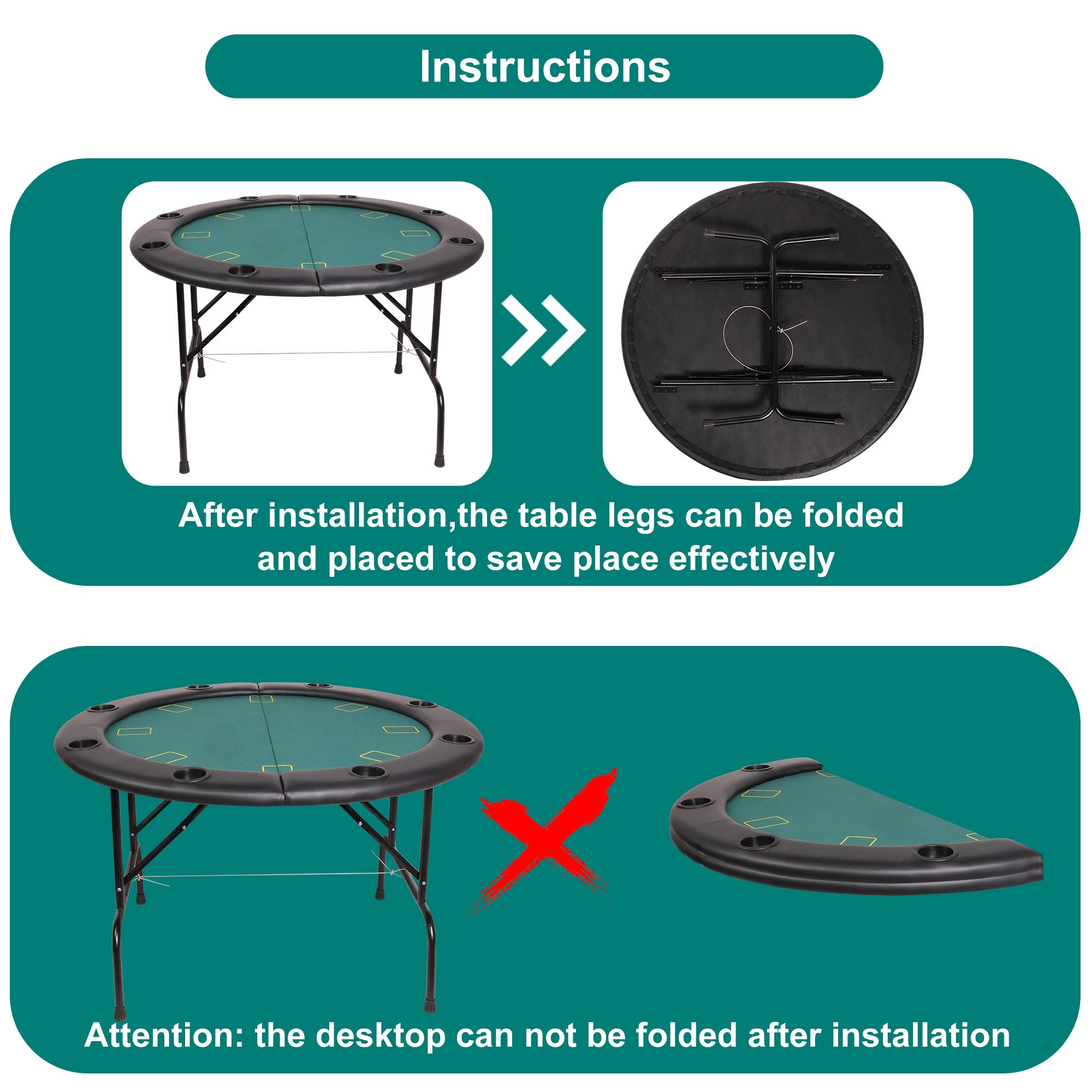 Premium 8-Player Round Folding Poker Table with Cup Holders - Casino Grade Green Felt Surface for Texas Hold'em & Blackjack | Perfect for Game Nights, Casino Parties & Home Poker Tournaments