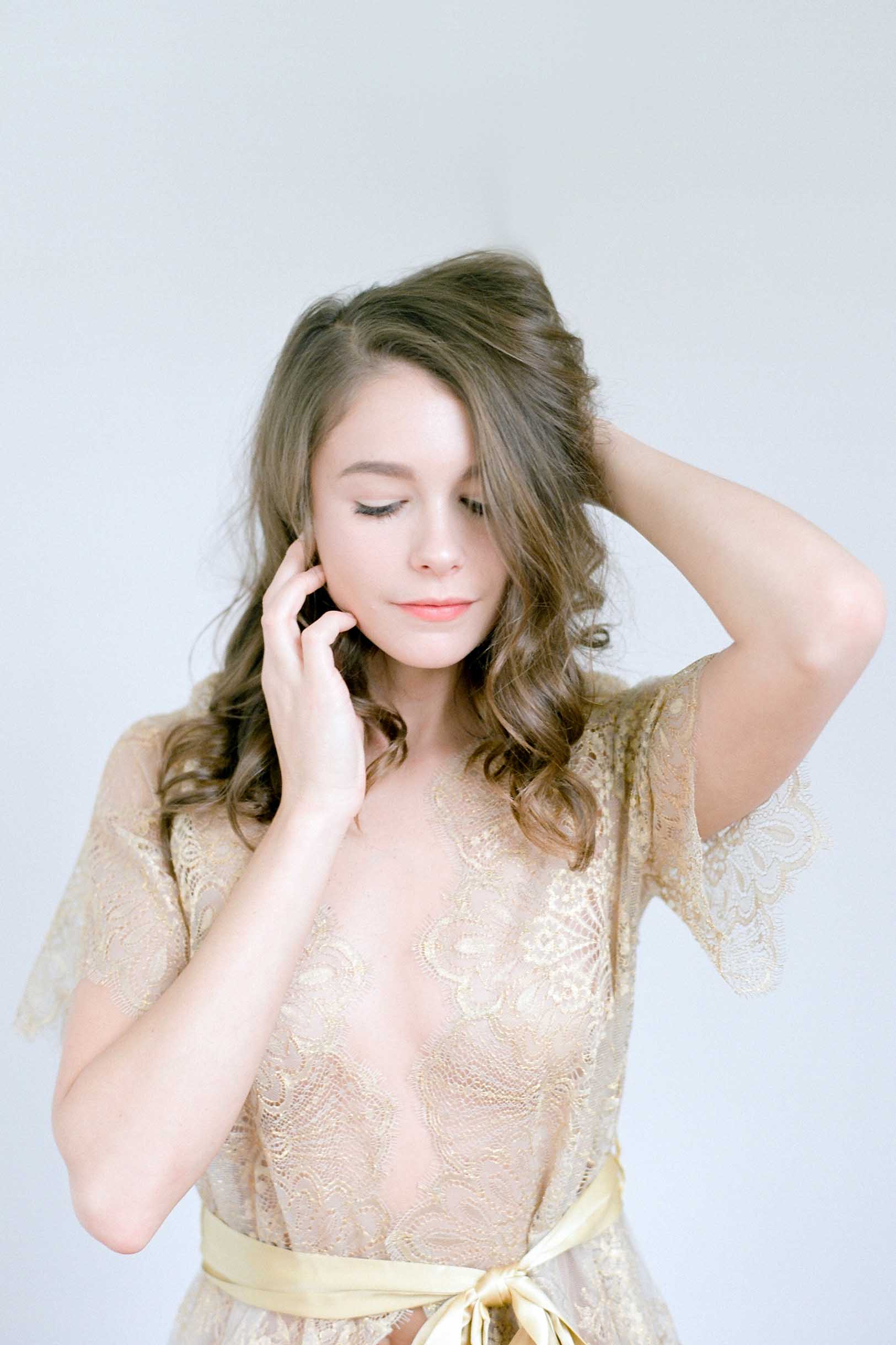 Gold Harlow Midi Lace Robe with Flutter Sleeves - Elegant Loungewear for Bridal Shower, Honeymoon & Special Occasions