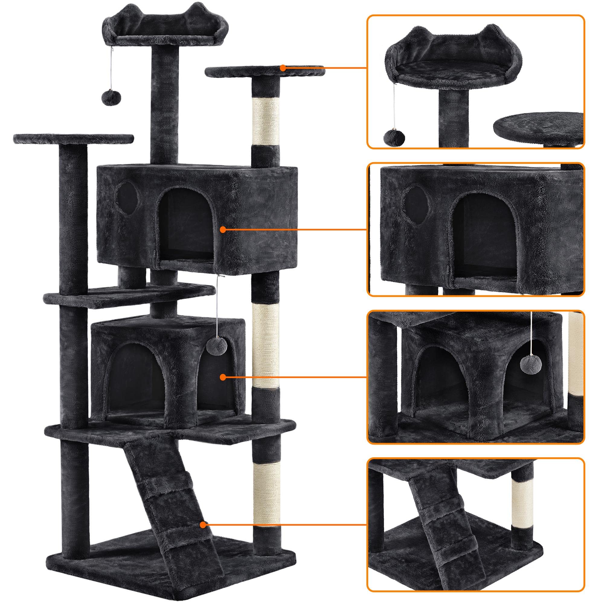 Topeakmart 70 Inch Multi-Level Cat Tree Tower with Scratching Posts, Dangling Toys, and Condos - Sturdy Cat Furniture for Indoor Cats (Black) - Perfect for Small Spaces, Apartments & Playful Kittens