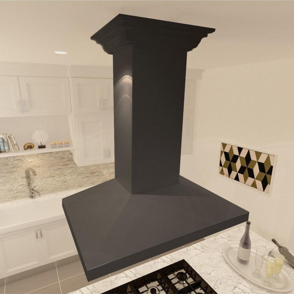 ZLINE Black Wooden Island Mount Range Hood - Modern Kitchen Ventilation for Home Cooking & BBQ | KBiCC Model