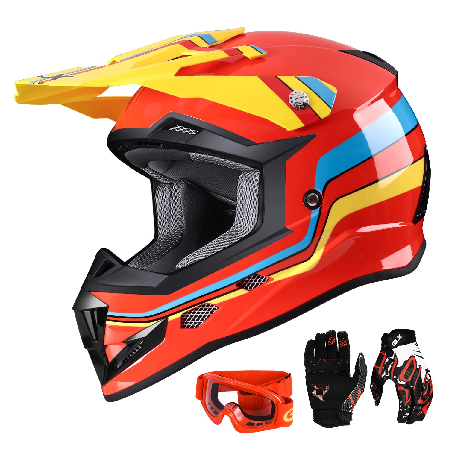 GLX GX623 Youth ATV Helmet & Dirt Bike Helmet Combo - DOT Certified Small Size Retro Red - Perfect for Kids Off-Road Riding, Motocross & ATV Adventures