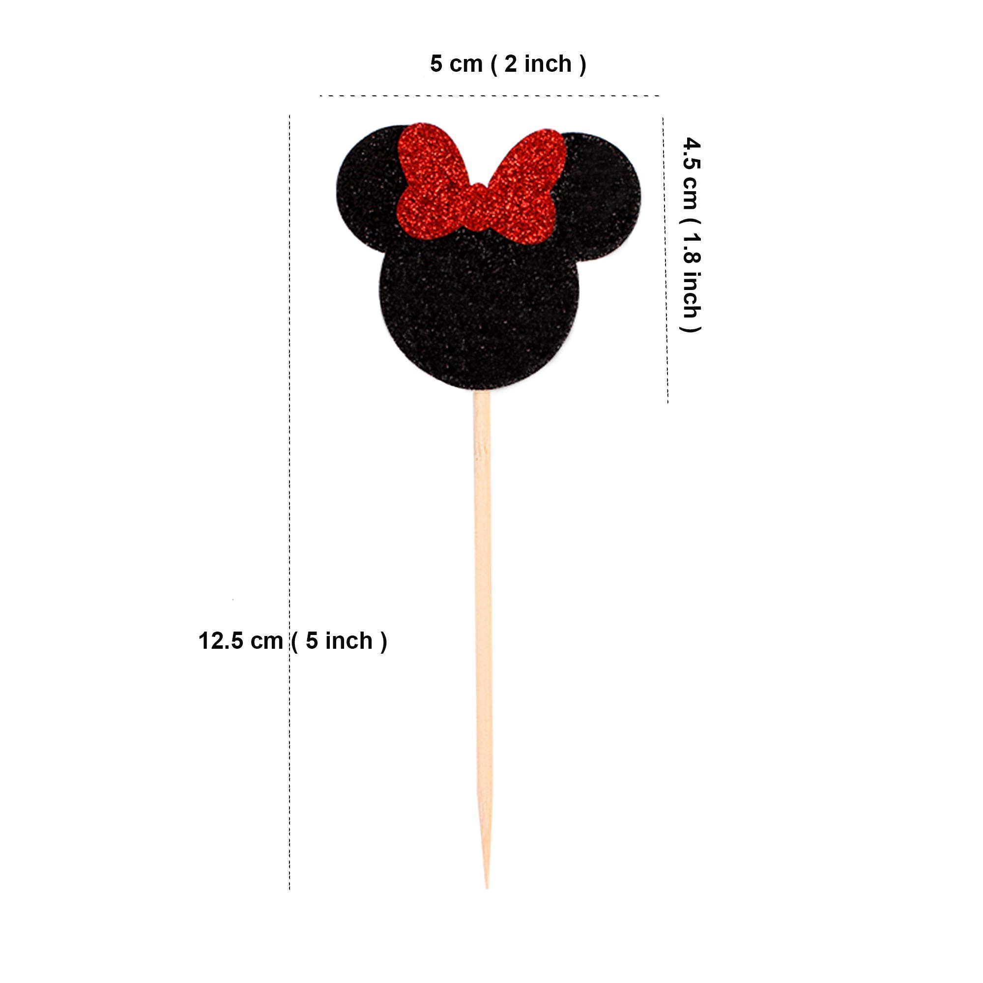 Ercadio Mouse Inspired Cupcake Toppers with Red Bow - Black Glitter Cupcake Picks Decorations (24 PCS) for Baby Shower, Kids Birthday Party, Girls Celebration - Perfect for Dessert Decor, Baking Supplies, and Themed Events
