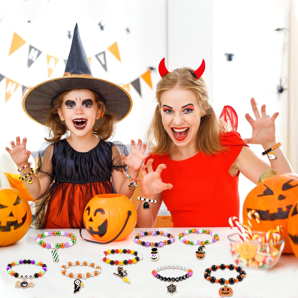 12pcs Halloween Bracelets for Kids - Trick or Treat Party Favors, Glow in the Dark Beaded Bracelets with Charms Set for Boys & Girls - Perfect for Halloween Goodie Bags, Classroom Prizes & Costume Accessories