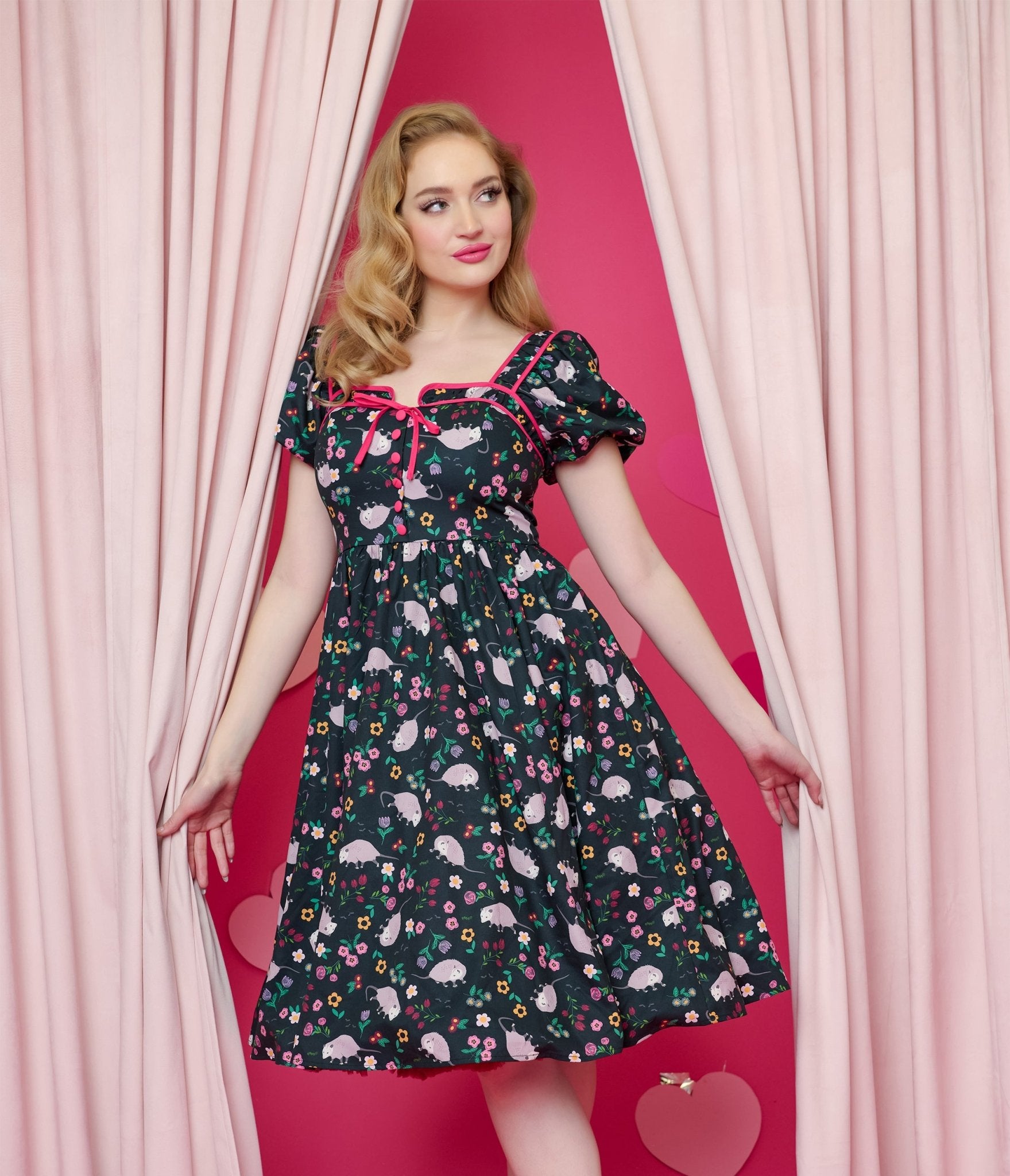 Vintage 1940s Black & Pink Awesome Possum Button Front Swing Dress - Retro Floral Print Cocktail Party & Swing Dance Dress for Women