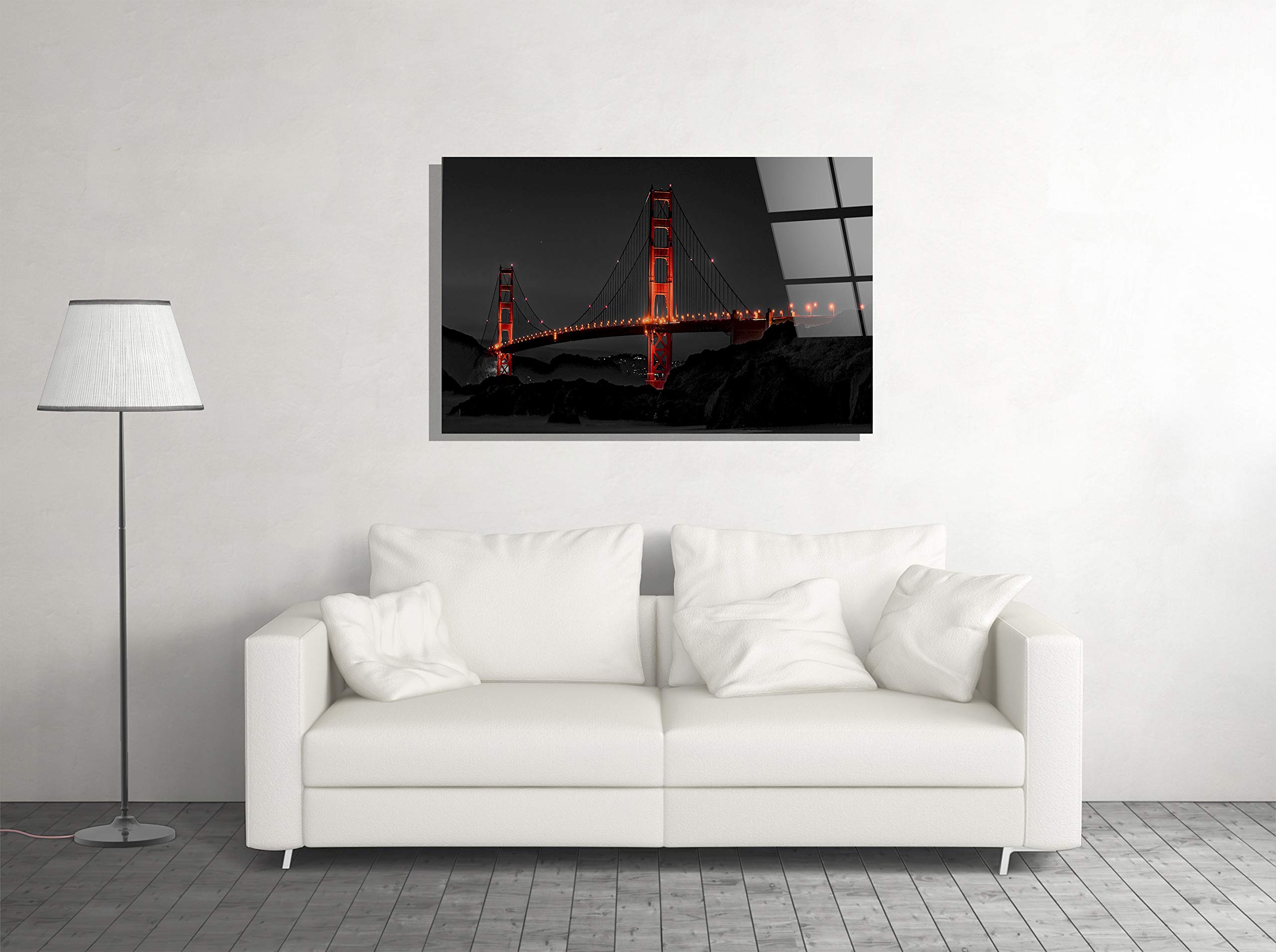 Golden Gate Bridge Night View Tempered Glass Wall Art - Modern Urban Decor for Home, Office & Hotel - Perfect Gift Idea (16x24) - Ideal for Living Room, Bedroom & Workspace Decorations