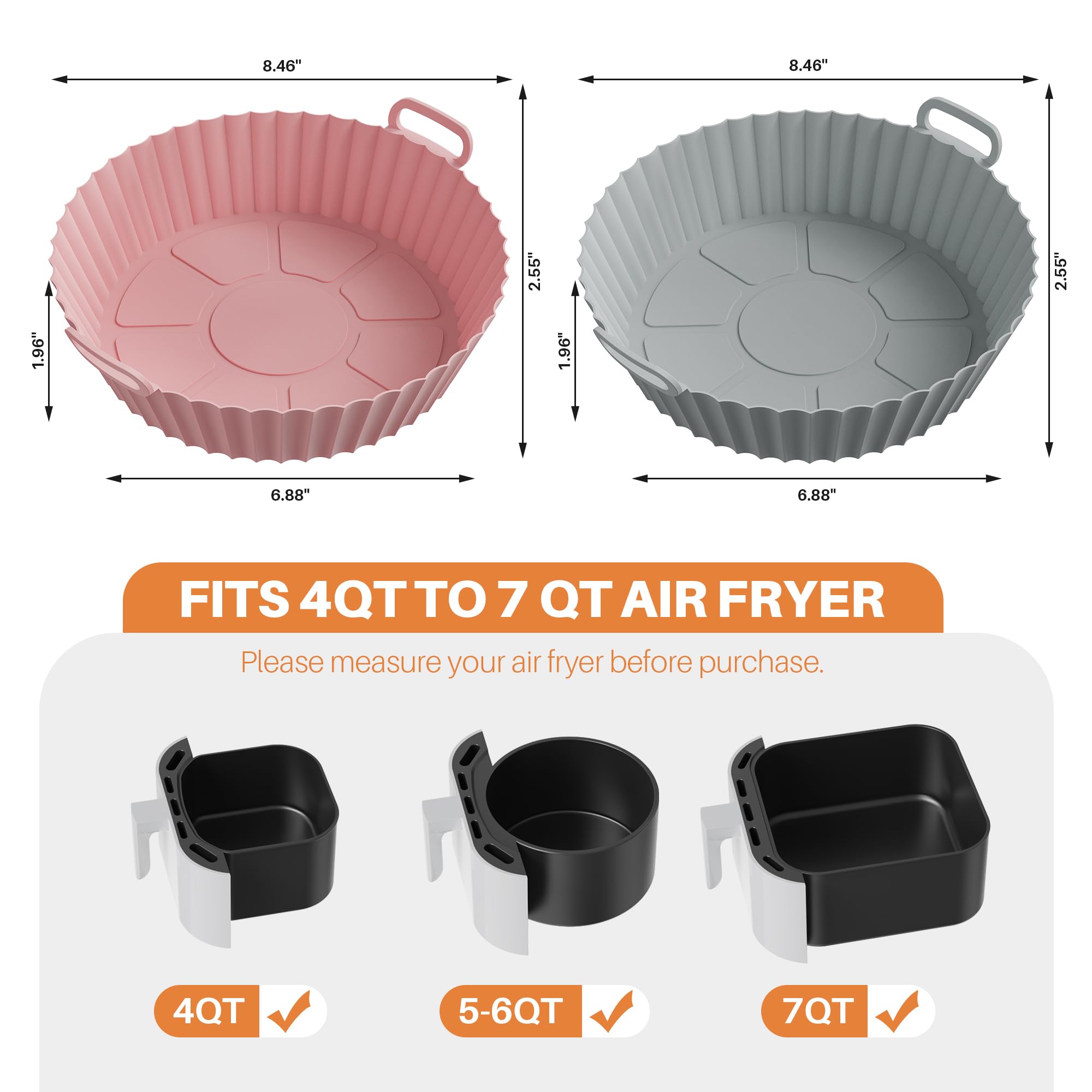 ME.FAN Air Fryer Silicone Liners for 4 to 7 QT [2 Pack] - Reusable Non-Stick Basket with Handles & Vent Holes - Oven Safe Accessories in Rose Pink & Light Grey - Perfect for Roasting, Baking, and Frying Healthy Meals