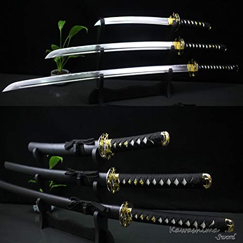3PCS Hand-Forged 1045 Carbon Steel Samurai Sword Set with Bamboo Tsuba & Display Stand - Authentic Japanese Katana for Home Decor, Martial Arts Training, Cosplay, and Collectors
