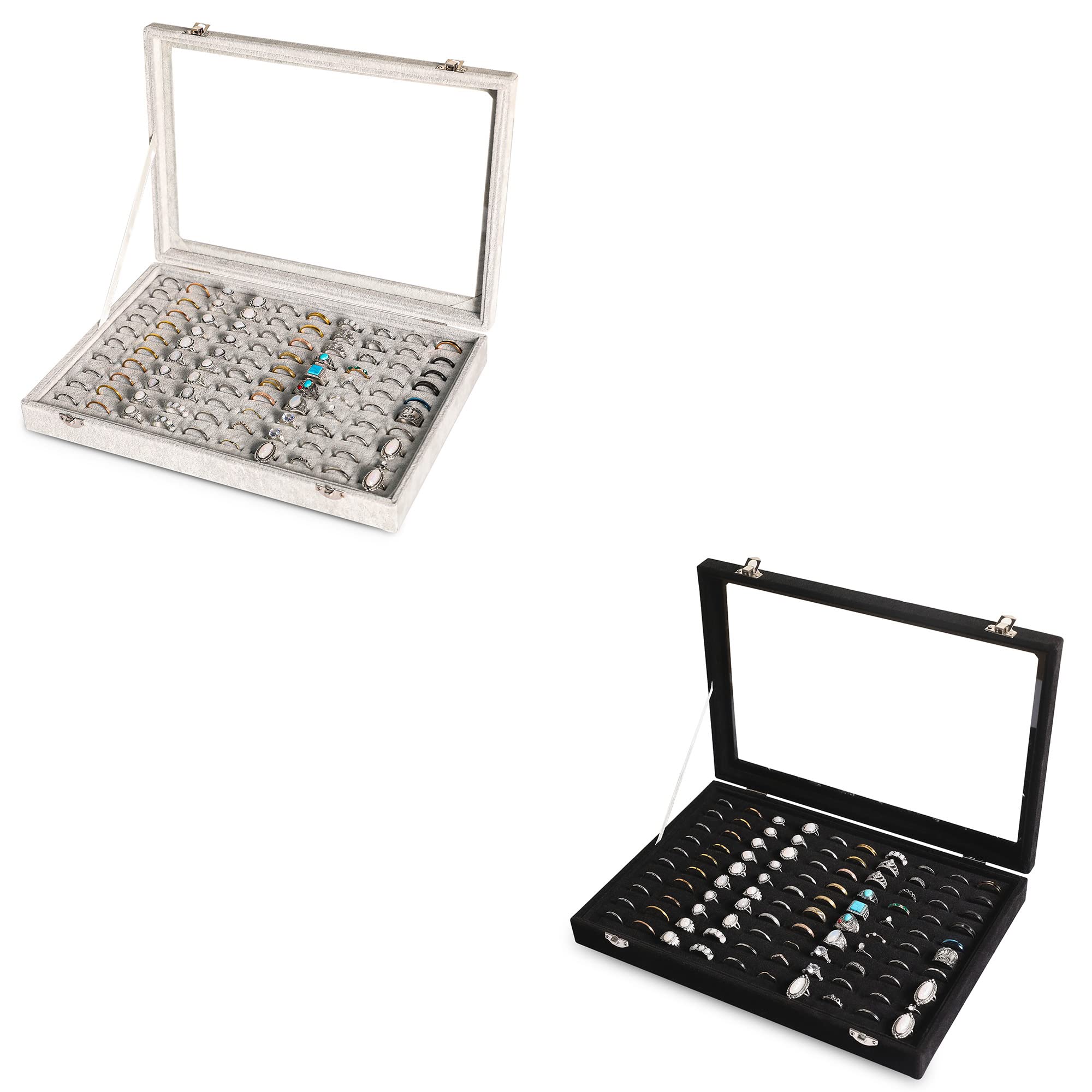 Frebeauty 100-Slot Ring Organizer Tray with Clear Lid - Velvet Jewelry Storage Box & Display Case for Women & Girls (Black/Grey) - Perfect for Home, Travel, and Jewelry Shop Organization