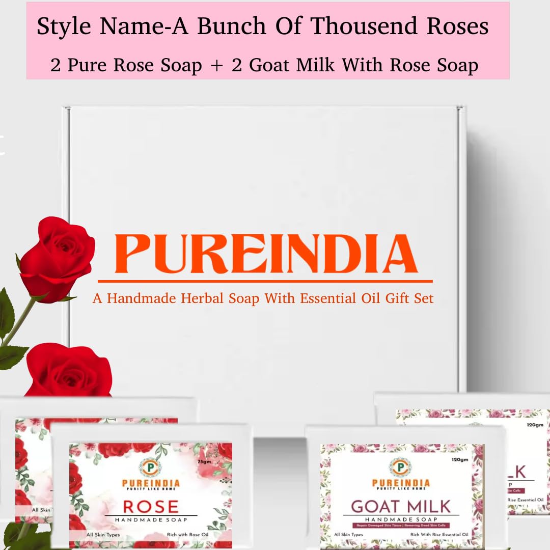 PUREINDIA - 1000 Roses Gift Set | Handmade Rose Soap Set of 4 (100g Each) | Natural Ingredients, Paraben-Free | Perfect Birthday, Anniversary & Wedding Gift | Luxury Bath & Body Care for Women