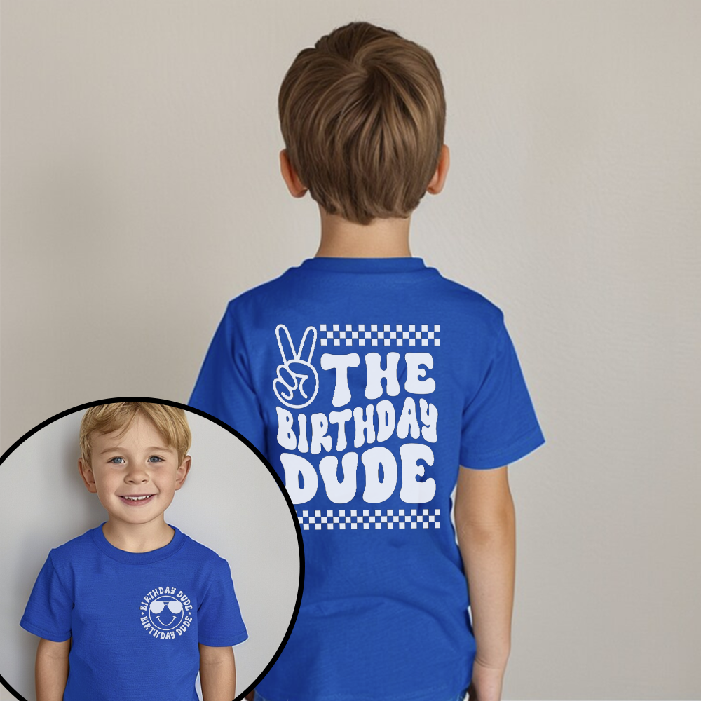 Birthday Dude Front & Back Graphic Kids T-Shirt - Fun Birthday Party Outfit for Boys & Girls