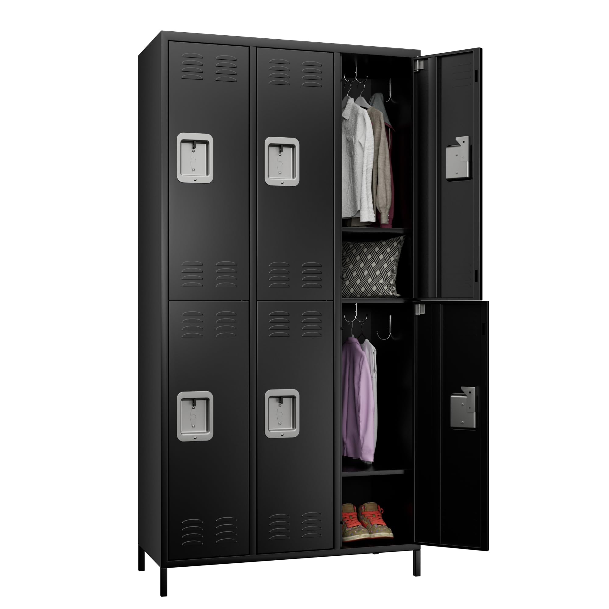 Aobabo 6-Door Steel Storage Locker Cabinet - Heavy Duty Metal Locker for Office, Gym, Bedroom & Dorm - Industrial Organization with 12 Hooks (Black, Assembly Required) - Perfect for Employee Storage, School Lockers & Sports Equipment Organization
