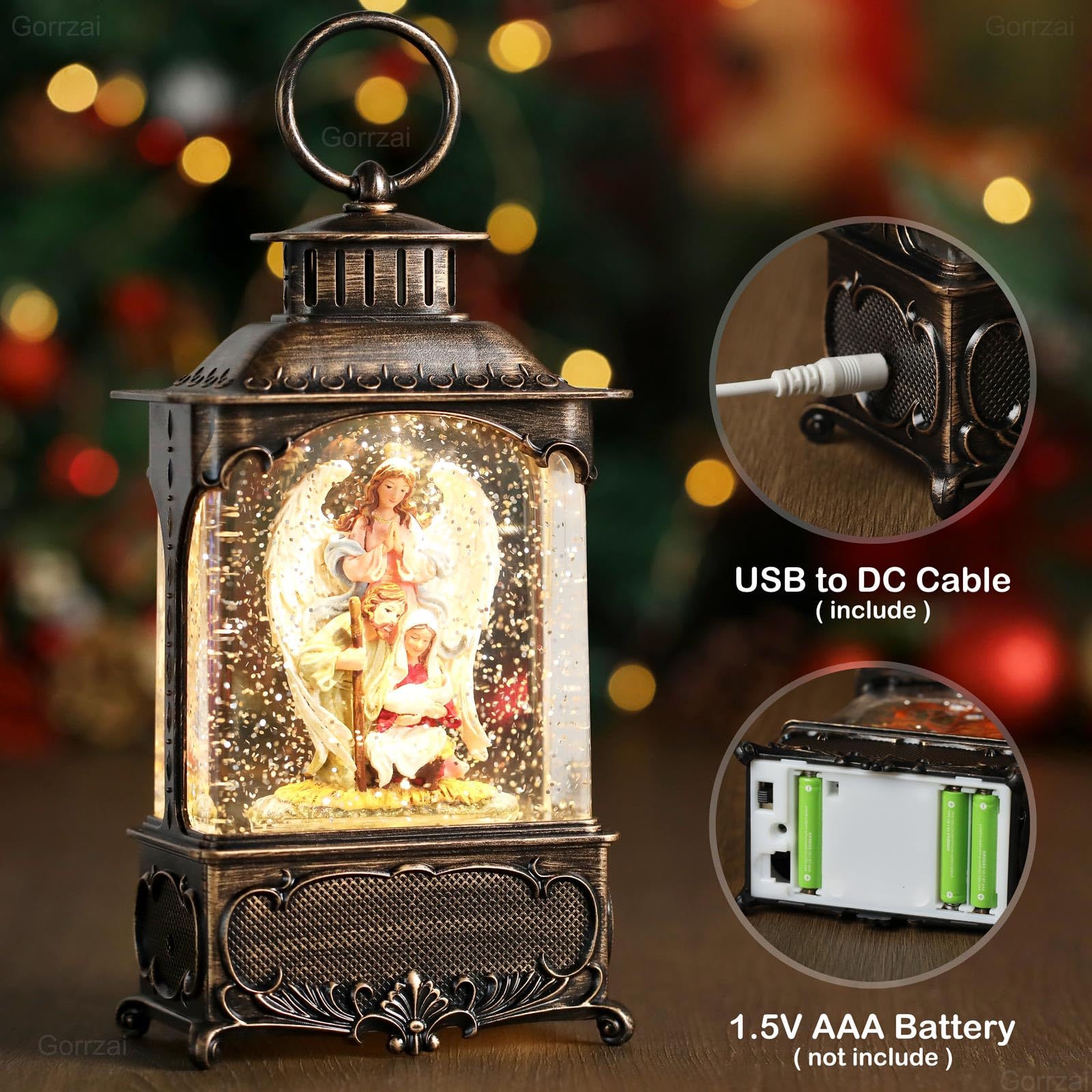 Nativity Snow Globe with Angel - Musical Christmas Decor with 6H Timer, Swirling Glitter & LED Lights (USB/Battery) - Perfect for Home, Church & Holiday Displays
