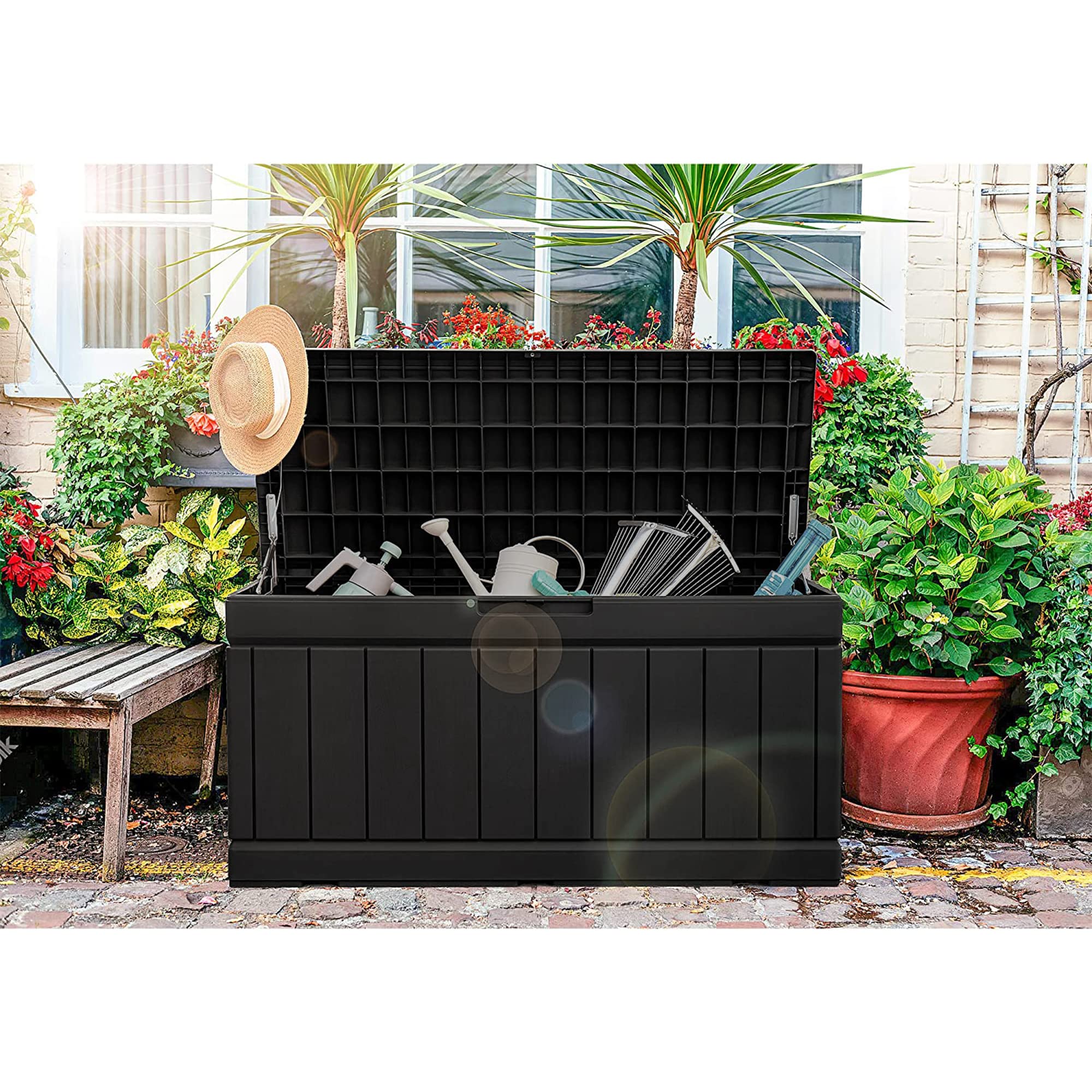 GUNJI 83 Gallon Outdoor Storage Box - Waterproof Large Resin Deck Box with Lockable Lid, Patio Storage Bench for Cushions, Garden Tools & Pool Accessories (Black) - Perfect for Backyard, Poolside & Garden Organization