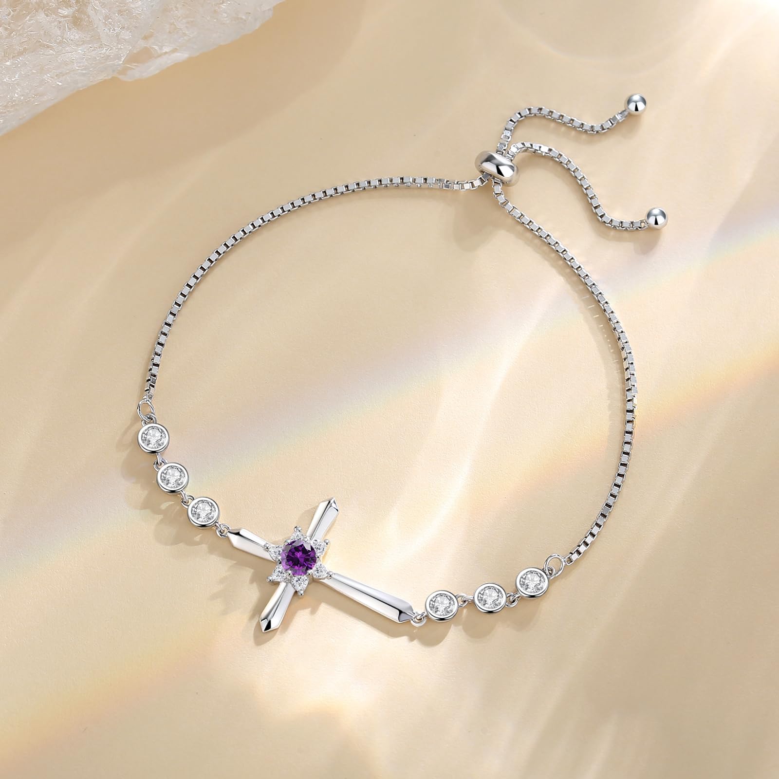 FANCIME 925 Sterling Silver Halo Birthstone Bracelet for Women - Dainty Cross Charm Adjustable Chain Bracelet - Perfect Birthday Gift, Anniversary Present & Everyday Jewelry for Her