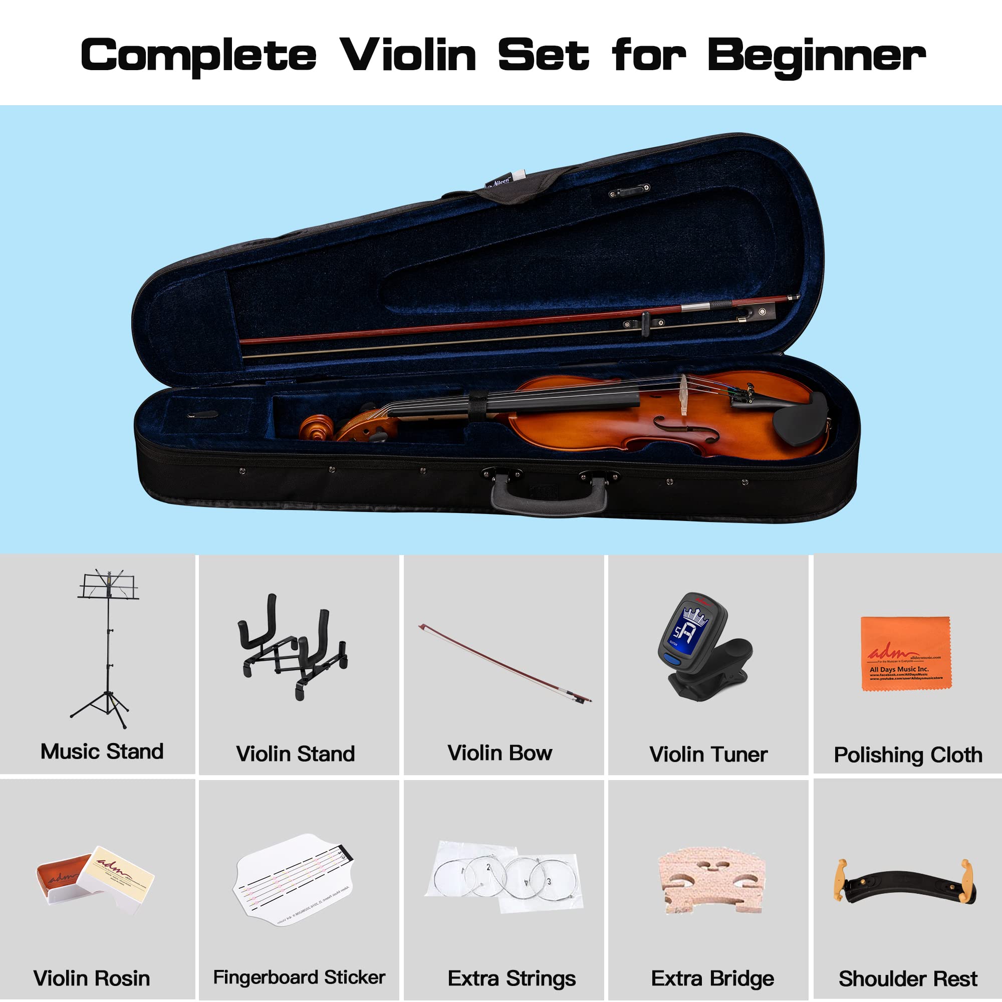 **ADM 4/4 Full Size Acoustic Violin Set for Kids & Beginners – Solid Wood Ebony Violin with Hard Case, Rosin, Shoulder Rest, Bow, Music Stand, Strings – Perfect for Teens, Students & Music Practice at Home or School**