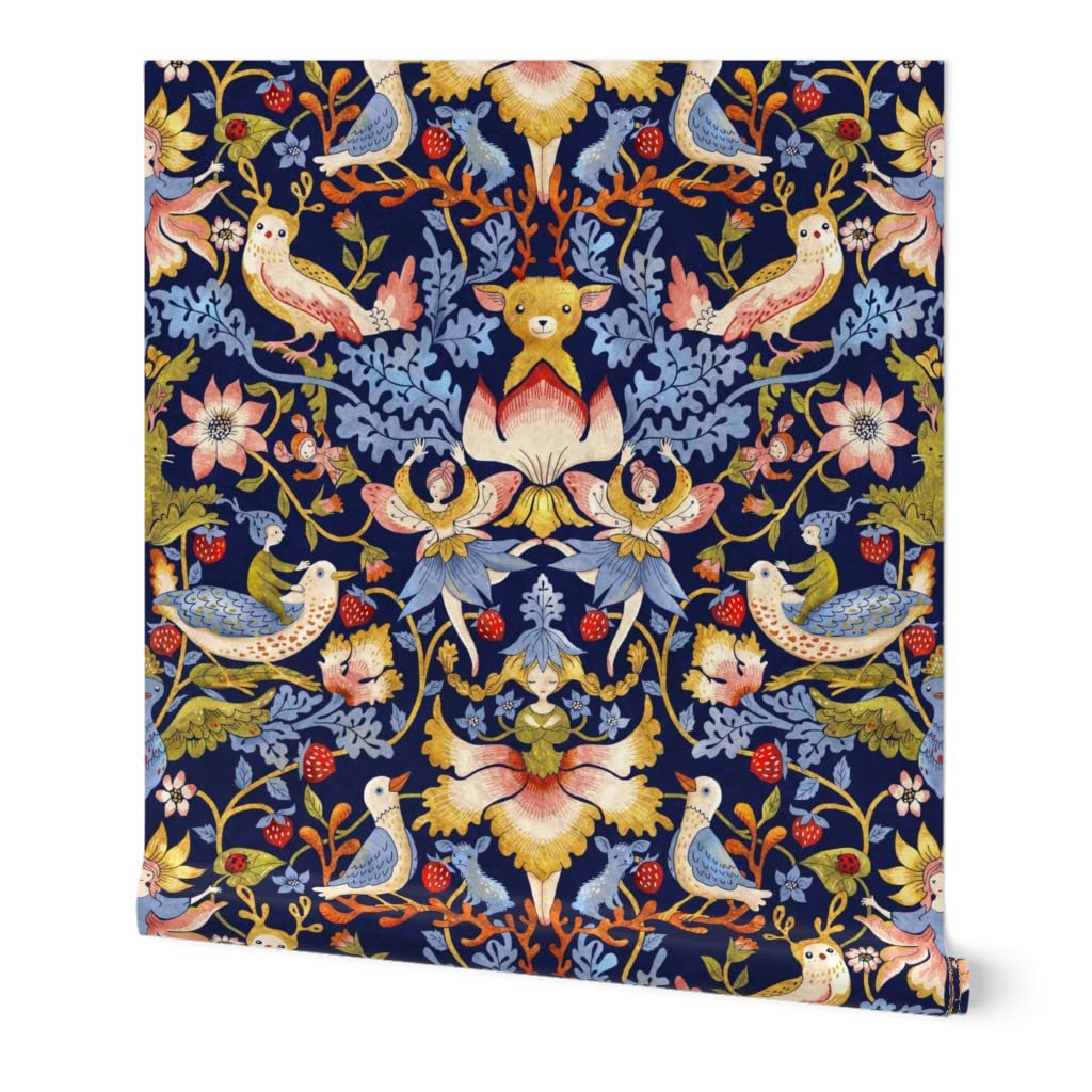 Peel & Stick Wallpaper Swatch - Victorian Birds, Kids Fairy, Vintage Flowers, Damask Whimsical Blue Custom Removable Wallpaper by Spoonflower | Perfect for Nursery, Bedroom, and Home Decor