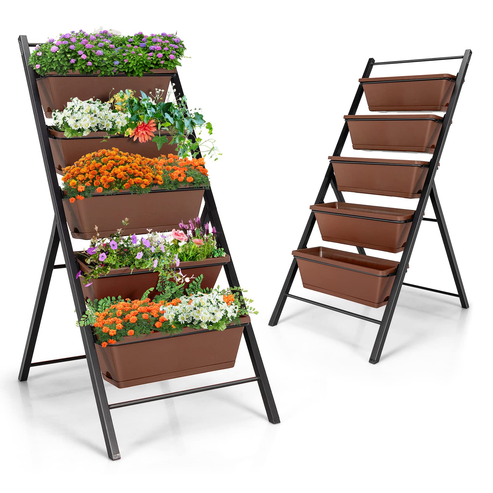 Safstar 5-Tier Vertical Raised Garden Bed - Freestanding Planter with 5 Container Boxes for Vegetables, Fruits, Flowers & Herbs - Indoor & Outdoor Elevated Gardening Solution (Brown, 2 Pack) - Perfect for Small Spaces, Balconies, Patios & Urban Gardening