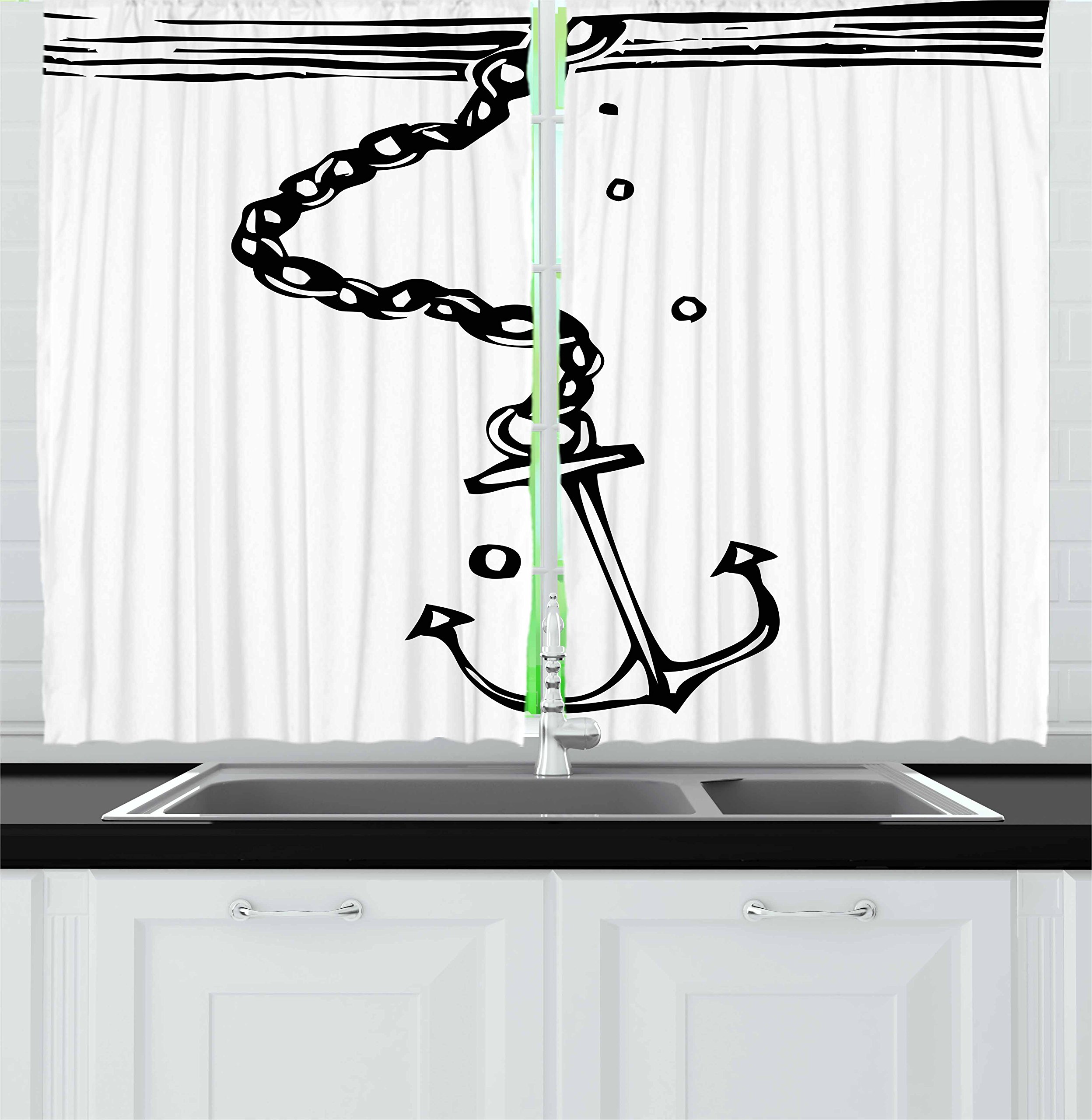 Ambesonne Nautical Anchor Kitchen Curtains - Black and White Monochrome Design with Chains & Sinking Anchor - 2 Panel Set 55