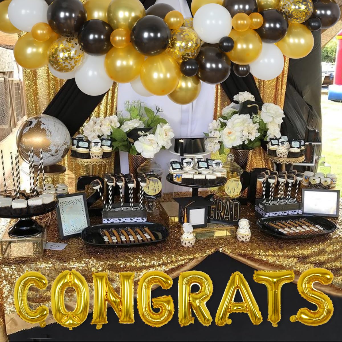 JOYMEMO 2025 Graduation Decorations - Black & Gold Balloon Arch for High School & College Parties