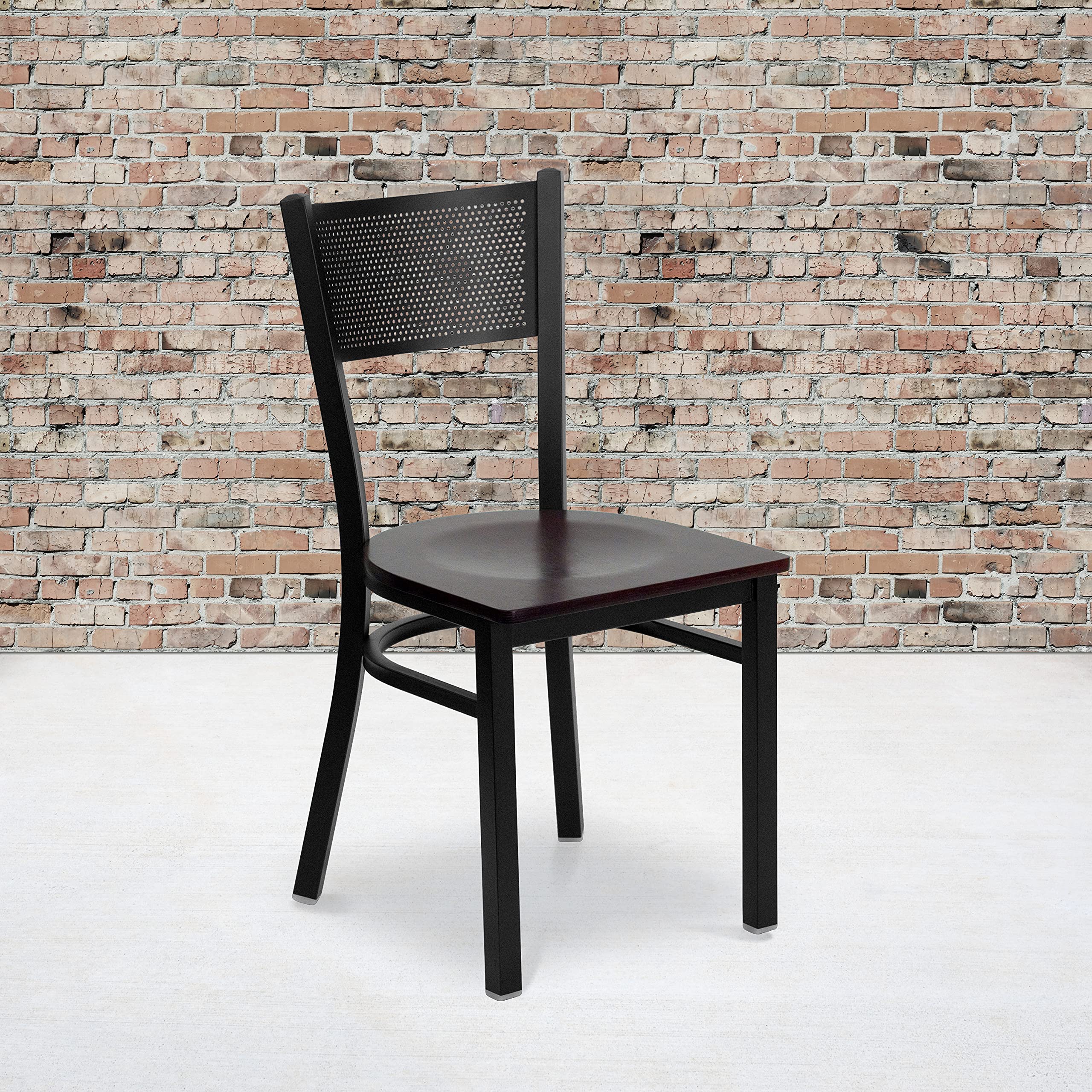 Black Grid Back Metal Restaurant Chair with Mahogany Wood Seat - Durable Commercial Dining Chairs for Cafes, Bistros, and Home Kitchens