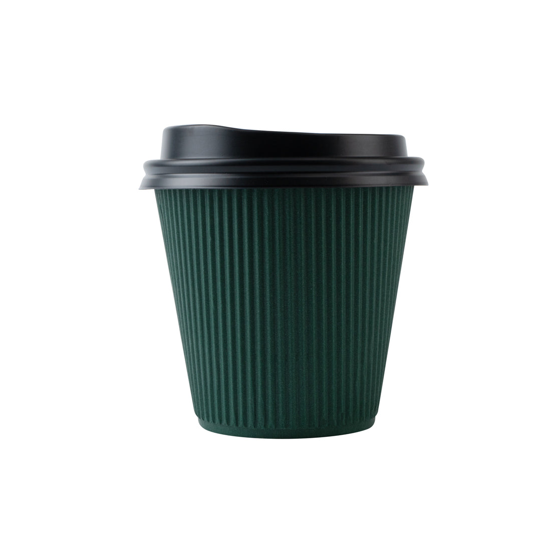 Eco-Friendly 8 oz Forest Green Ripple Wall Paper Coffee Cups with Black Lids - 3.5
