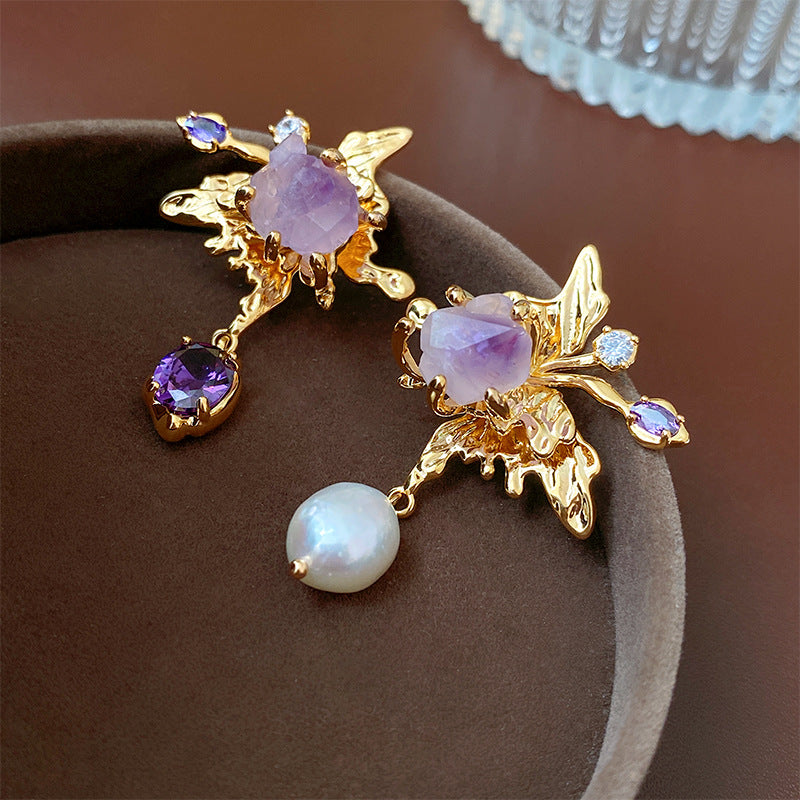 Elegant Asymmetric Freshwater Pearl Lilac Dangle Earrings for Women | HE13762 | Perfect for Weddings, Parties & Special Occasions