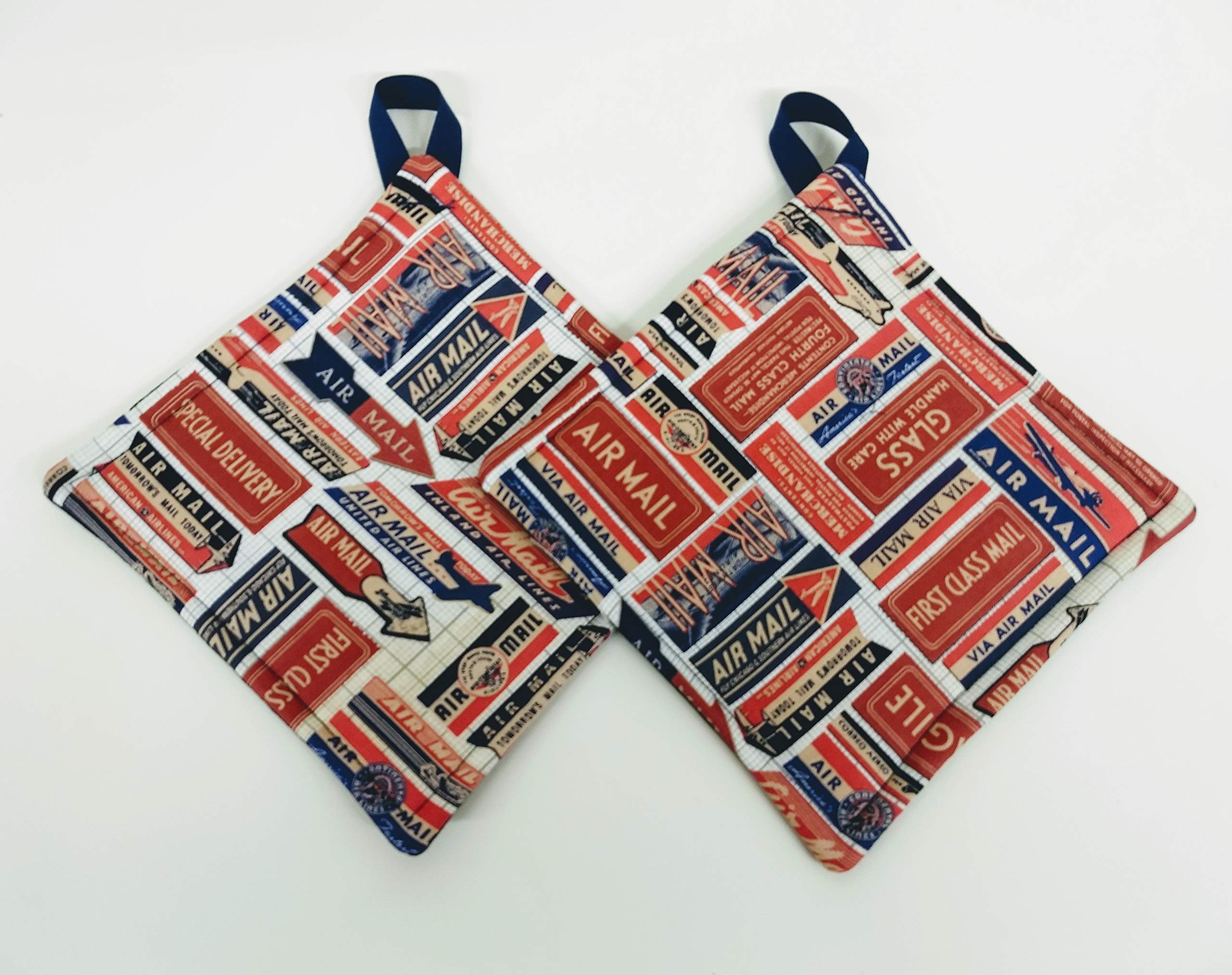 Premium Kitchen Pot Holder Set - Heat Resistant Oven Mitts & Hot Pads for Cooking, Baking, Grilling - Vintage Postal Service Fabric Design - Perfect for Stovetop, Oven & BBQ Use