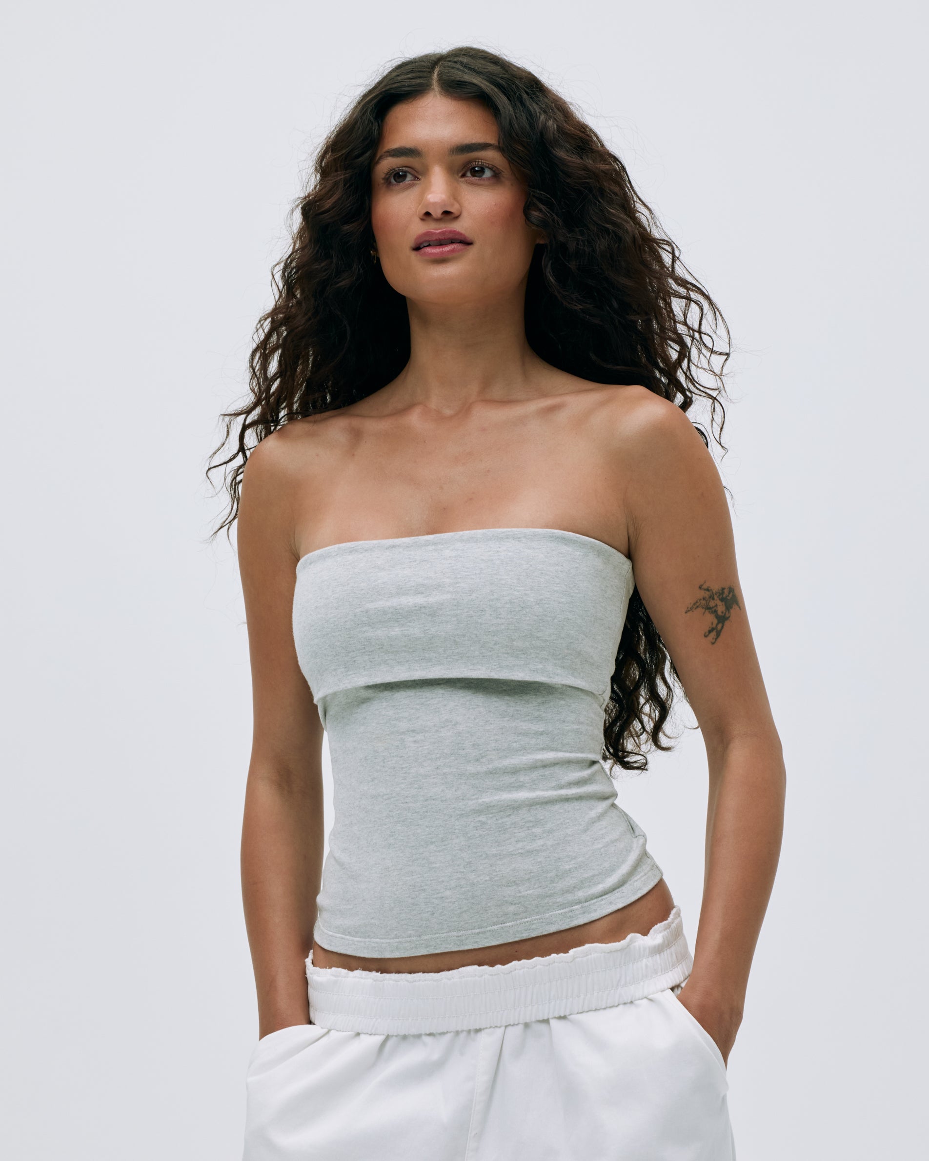 Soft Cotton Fold Over Bandeau Bralette - Light Grey Melange for Women | Comfortable Stretchy Yoga Bralette for Lounge, Sleep & Everyday Wear
