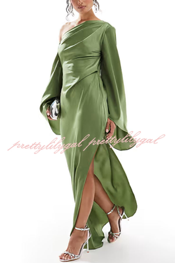 Zayla Women's Elegant Satin Asymmetrical One Shoulder Bell Sleeve Slit Maxi Dress for Evening Party, Wedding Guest, Prom & Special Occasions