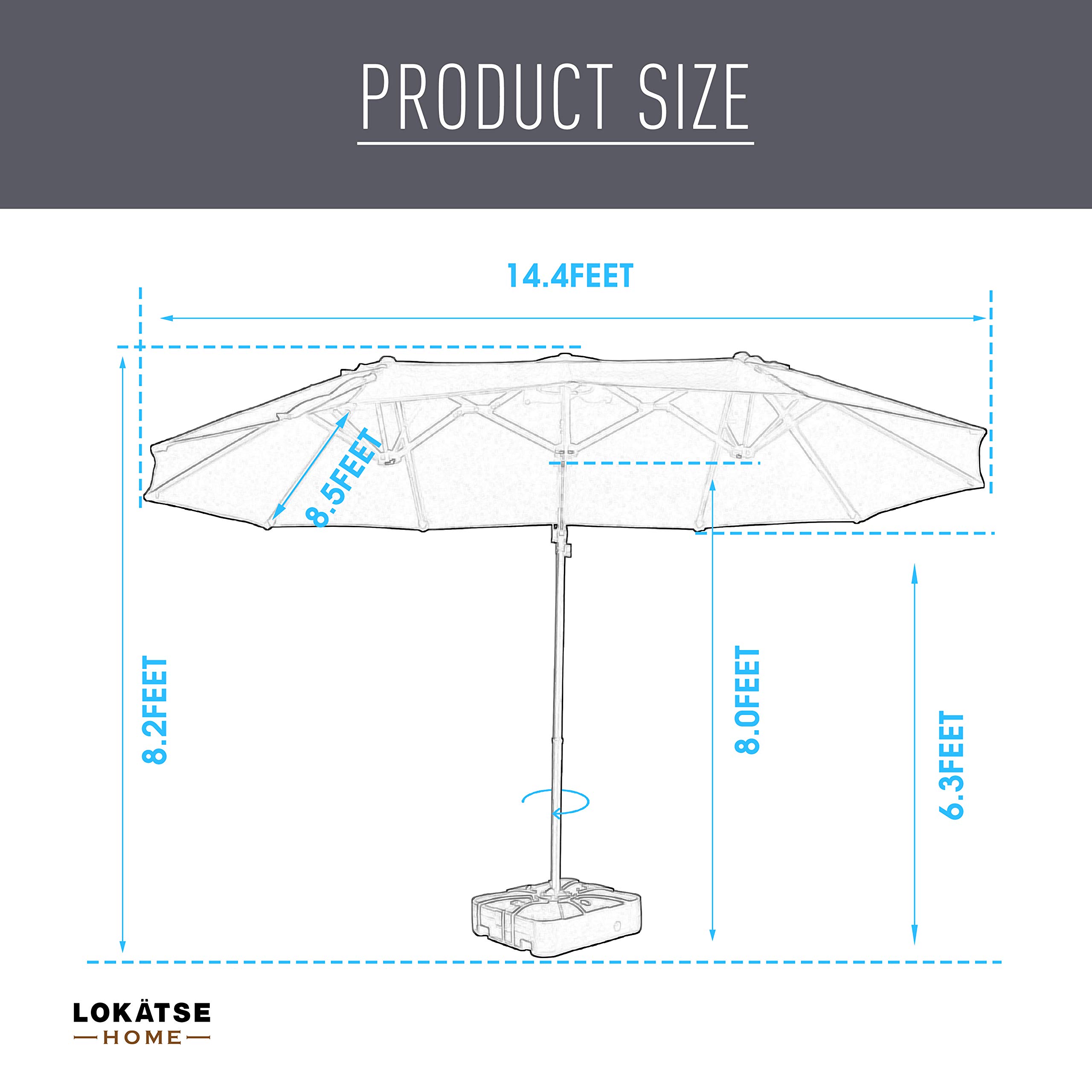 LOKATSE HOME 14.4 Ft Twin Head Outdoor Patio Market Umbrella with Crank & Weighted Base Stand - Large Rectangular Cantilever Hanging Umbrella Set in Khaki - Perfect for Poolside, Backyard, Beach, and Outdoor Dining Areas