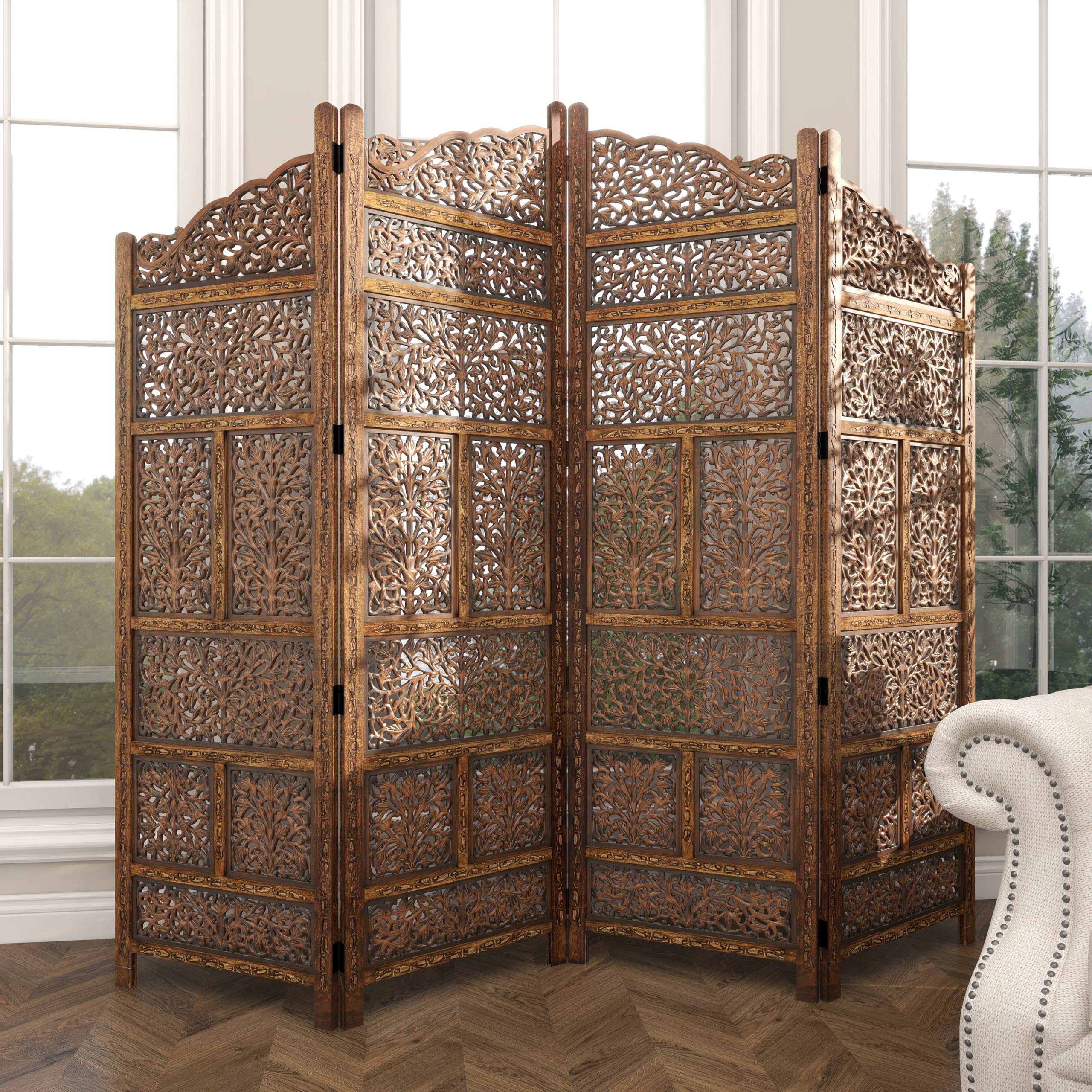 Deco 79 34006 Large 4-Panel Brown Wood Room Divider Screen - 80
